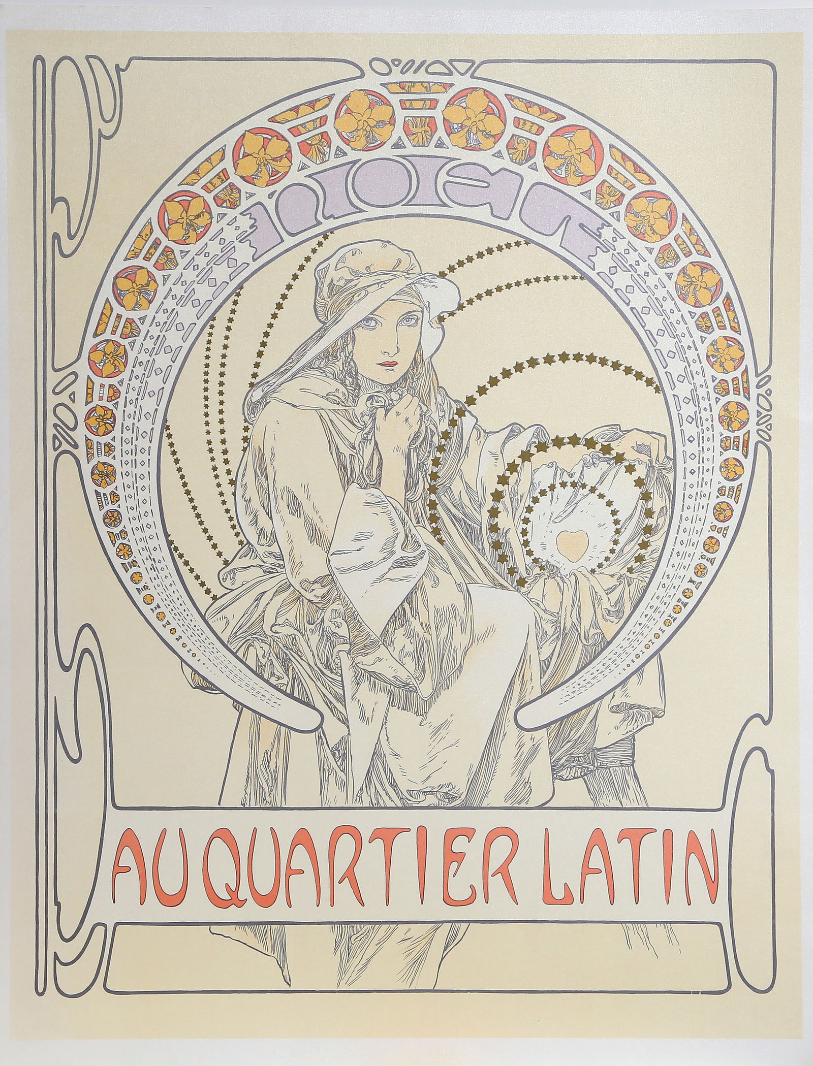 After Alphonse Mucha, Au Quartier Latin, Lithograph Poster: Artist: After Alphonse Mucha, Czech (1860 - 1939) Title: Au Quartier Latin Year: 1982 Medium: Lithograph Poster Edition: 5000 Size: 29.5 x 23.5 in. (74.93 x 59.69 cm) Description: A lithographic poste