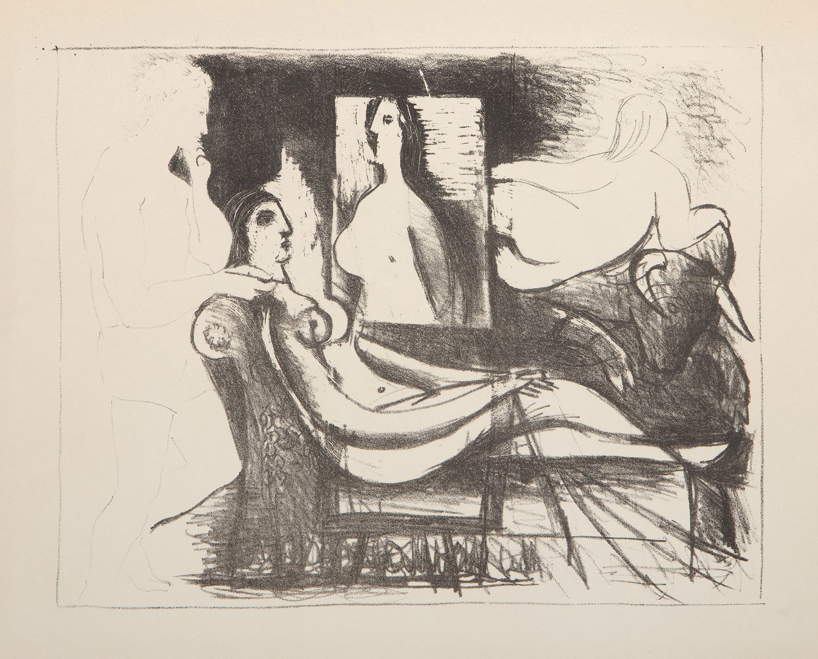 Pablo Picasso, La Peintre Et Son Modele, Lithograph: Artist: Pablo Picasso, Spanish (1881 - 1973) Title: La Peintre Et Son Modele (B 98) Year: 1930 Medium: Lithograph on Johannot Image Size: 9 x 11.5 inches Size: 12.75 x 19.75 in. (32.39 x 50.17 cm) Ref