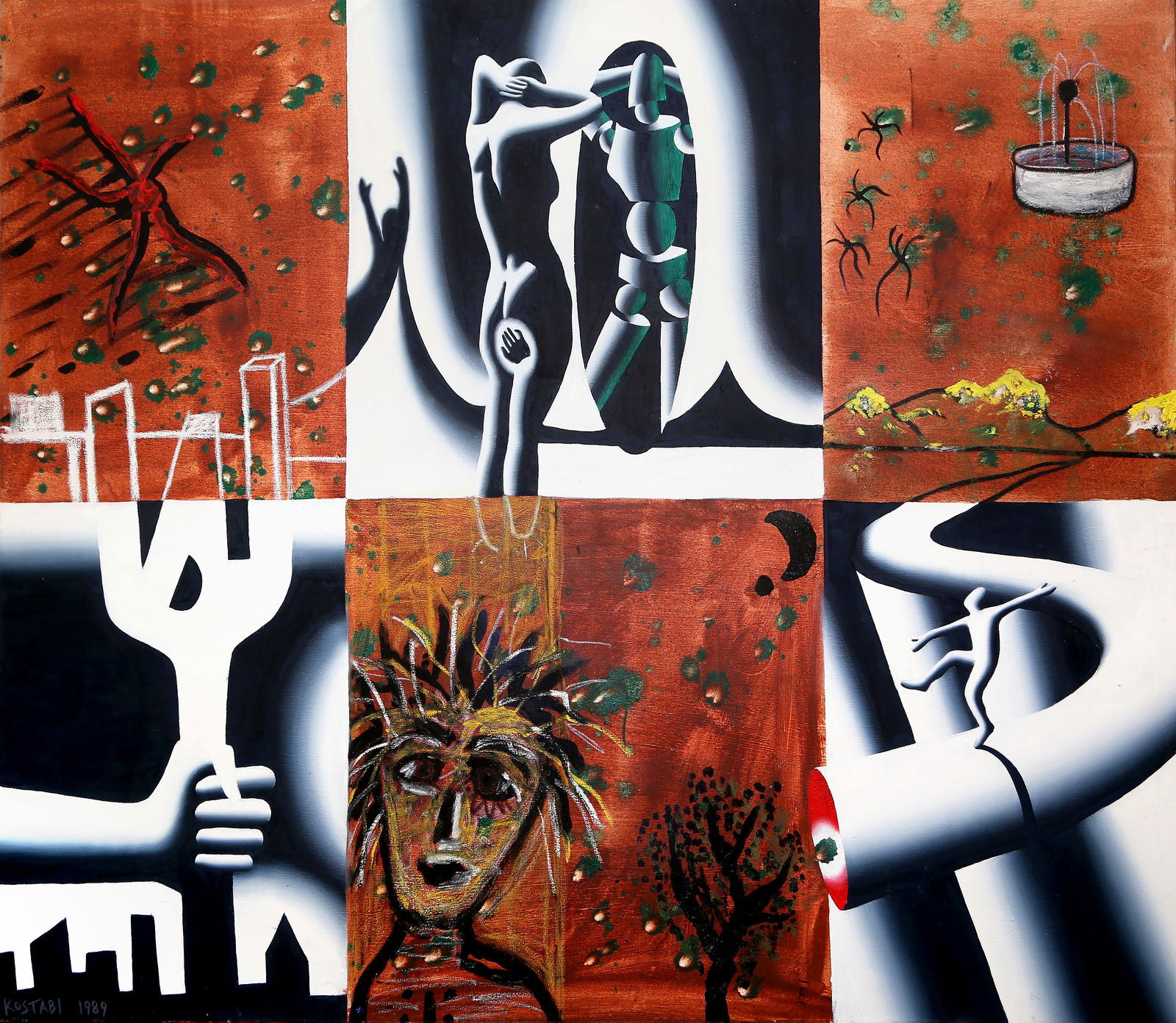 Mark and Paul Kostabi, Waxing and Waning, Oil Painting: Artist: Mark Kostabi, American (1960 - ) Title: Waxing and Waning (with Paul Kostabi) Year: 1988 Medium: Oil on Canvas Size: 48 in. x 60 in. (121.92 cm x 152.4 cm) Description: Mark Kostabi was a stap