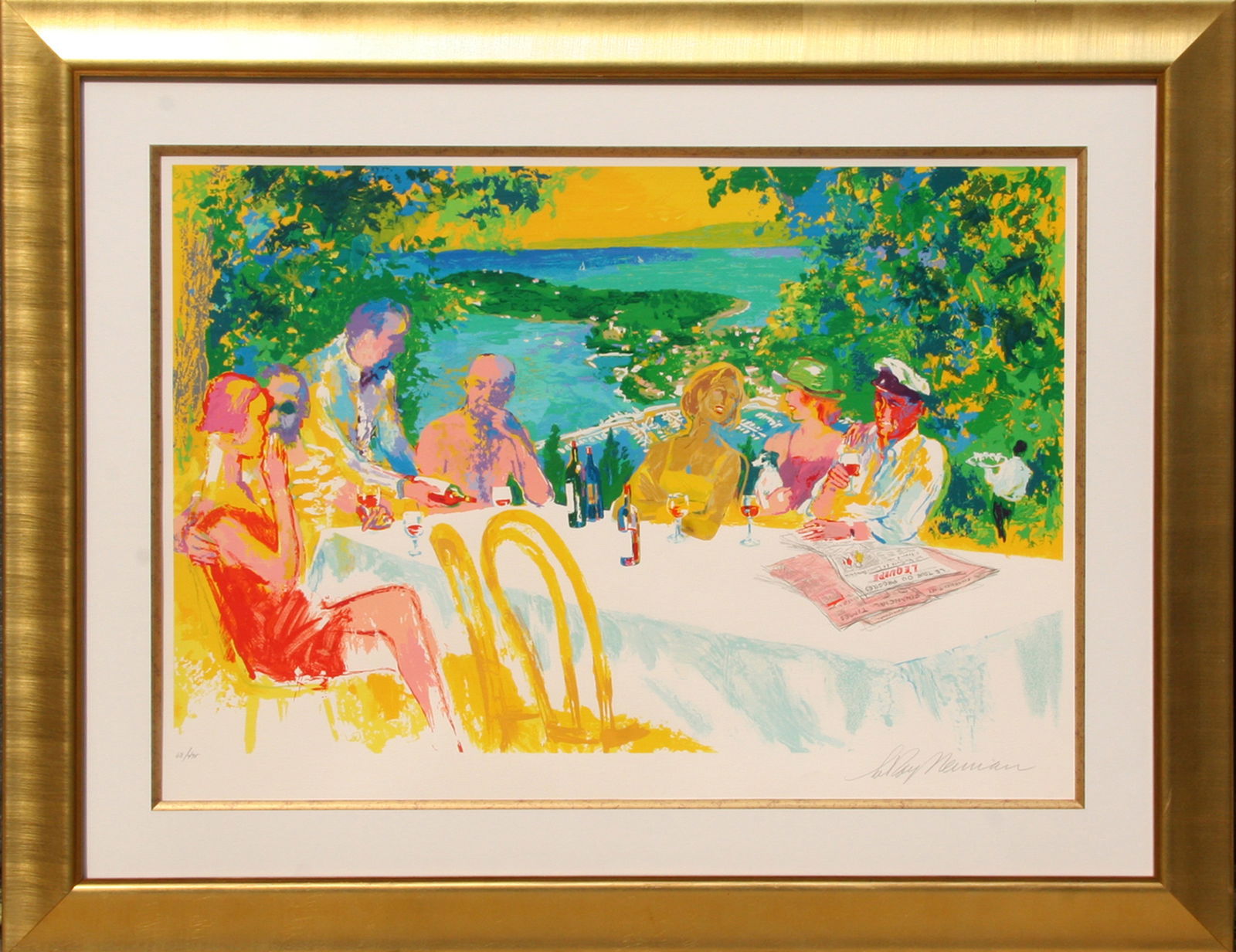 LeRoy Neiman, Wine Alfresco, Screenprint: Artist: LeRoy Neiman, American (1921 - 2012) Title: Wine Alfresco Year: 2000 Medium: Screenprint, signed and numbered in pencil Edition: 68/475 Image Size: 21.5 x 32.5 inches Frame Size: 36 x 45 inche