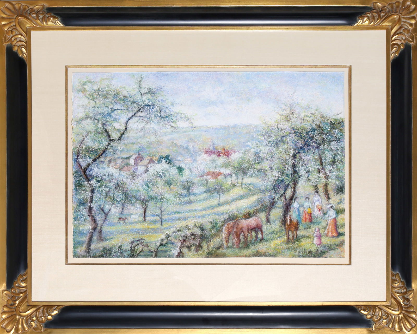 Hugues Claude Pissarro, French Landscape with Horses and Ladies, Pastel Drawing (1 of 4)