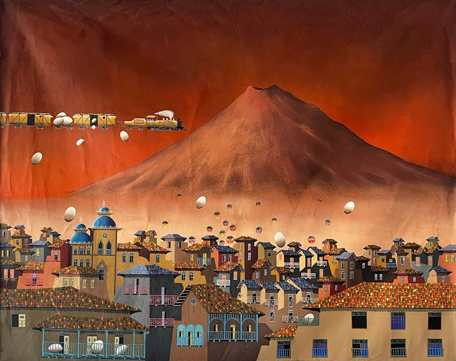 Gonzalo Endara Crow, Pueblo cerca del volcan, Acrylic Painting (1 of 6)