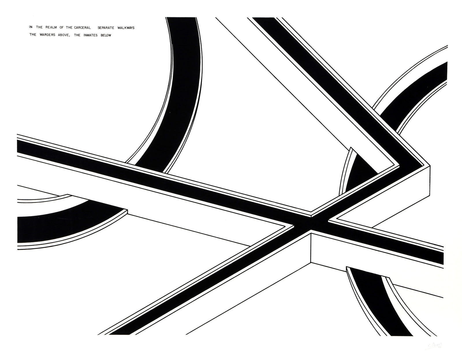 Robert Morris, Separate Walkways: The Wardens Above, the Inmates Below, Etching: Artist: Robert Morris, American (1931 - 2018) Title: Separate Walkways: The Wardens Above, the Inmates Below from In the Realm of the Carceral Year: 1979 Medium: Aquatint Etching, Signed and numbered