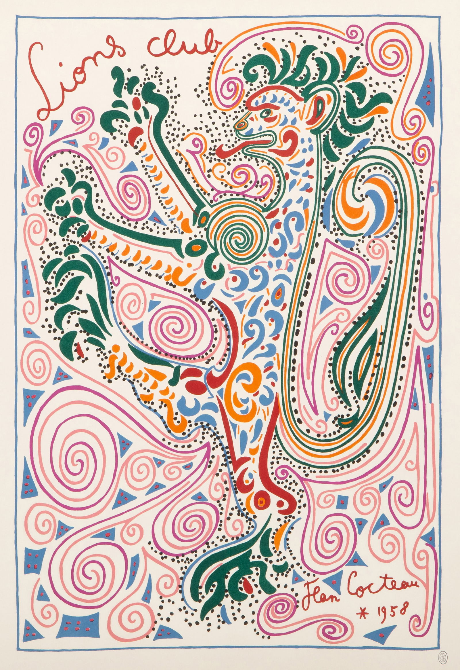 Jean Cocteau, Lions Club, Lithograph: Artist: Jean Cocteau, French (1889 - 1963) Title: Lions Club Year: 1958 Medium: Lithograph on Arches, signed and dated in the plate, numbered in pencil and estate stamped lower right Edition: 250 Imag