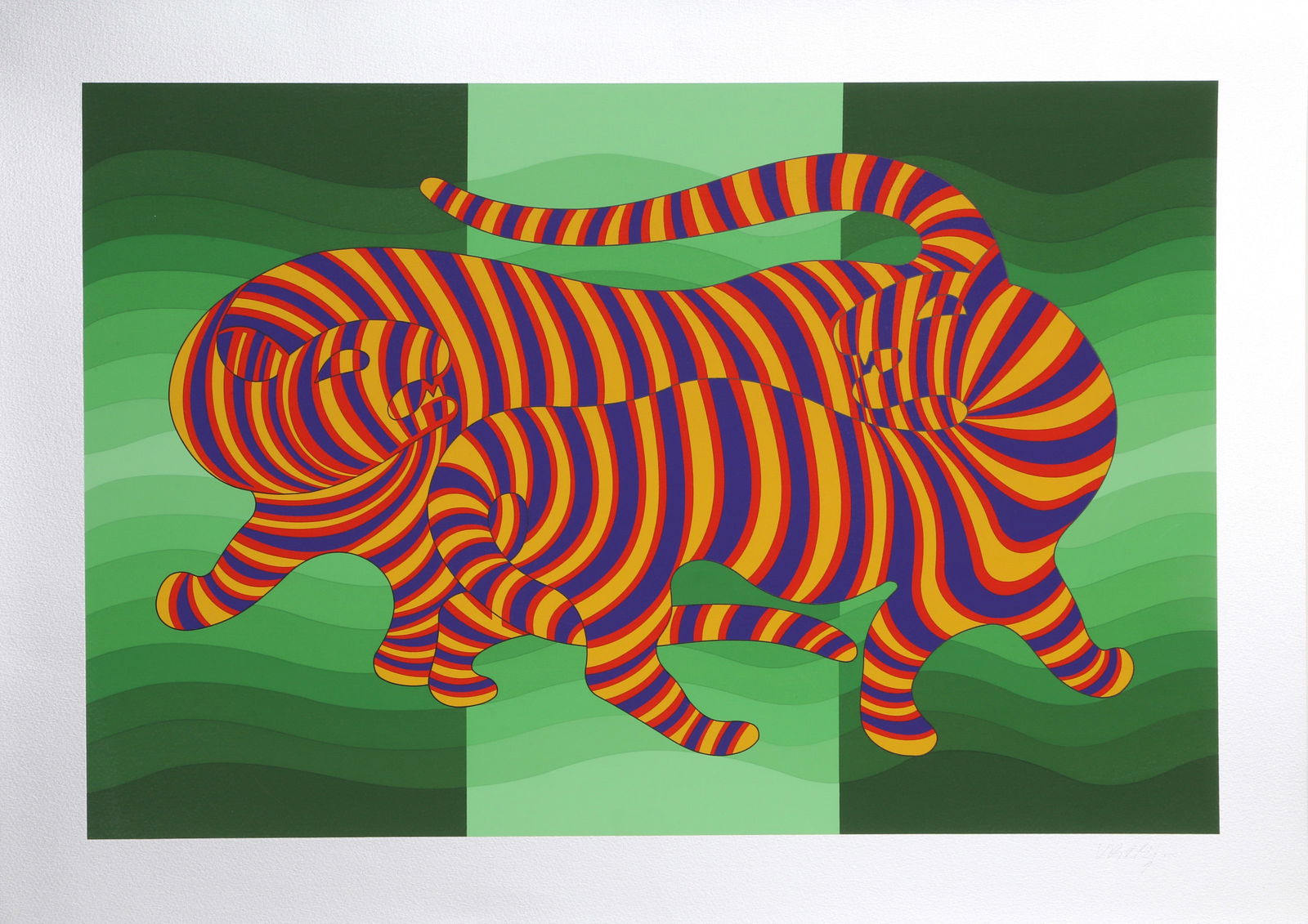 Victor Vasarely, Two Tigers on Green, Screenprint: Artist: Victor Vasarely, Hungarian (1908 - 1997) Title: Two Tigers on Green Year: 1980 Medium: Screenprint on Silver Paper, signed and numbered in pencil Edition: 150 Image Size: 17.5 x 26 inches Size