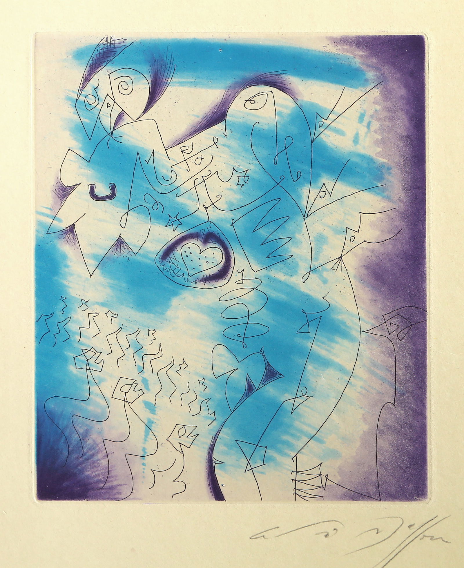 Andre Masson, Blue Heart, Etching and Aquatint: Artist: Andre Masson, French (1896 - 1987) Title: Blue Heart Year: circa 1968 Medium: Etching and Aquatint, signed in pencil Image Size: 8 x 6.75 inches Size: 12.75 x 9.75 in. (32.39 x 24.77 cm) Descr