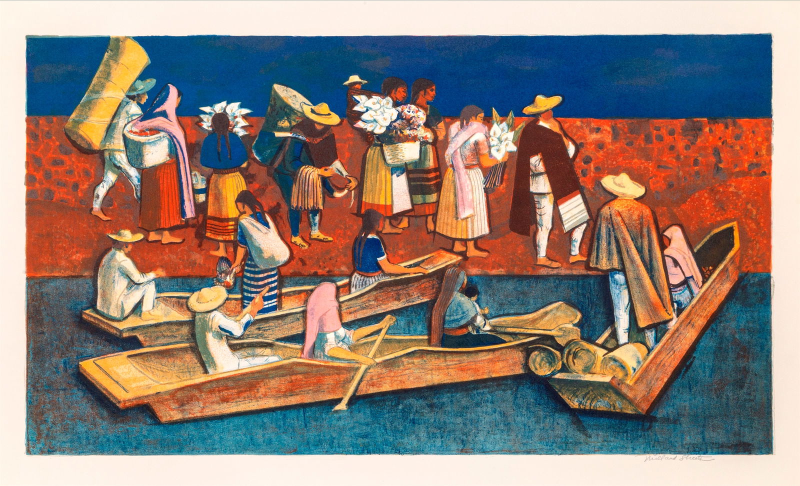 Millard Owen Sheets, Mexican Travelers, Lithograph: Artist: Millard Owen Sheets, American (1907 - 1989) Title: Mexican Travelers Year: Circa 1977 Medium: Lithograph, signed and numbered in pencil Edition: 250 Size: 24 in. x 35 in. (60.96 cm x 88.9 cm)