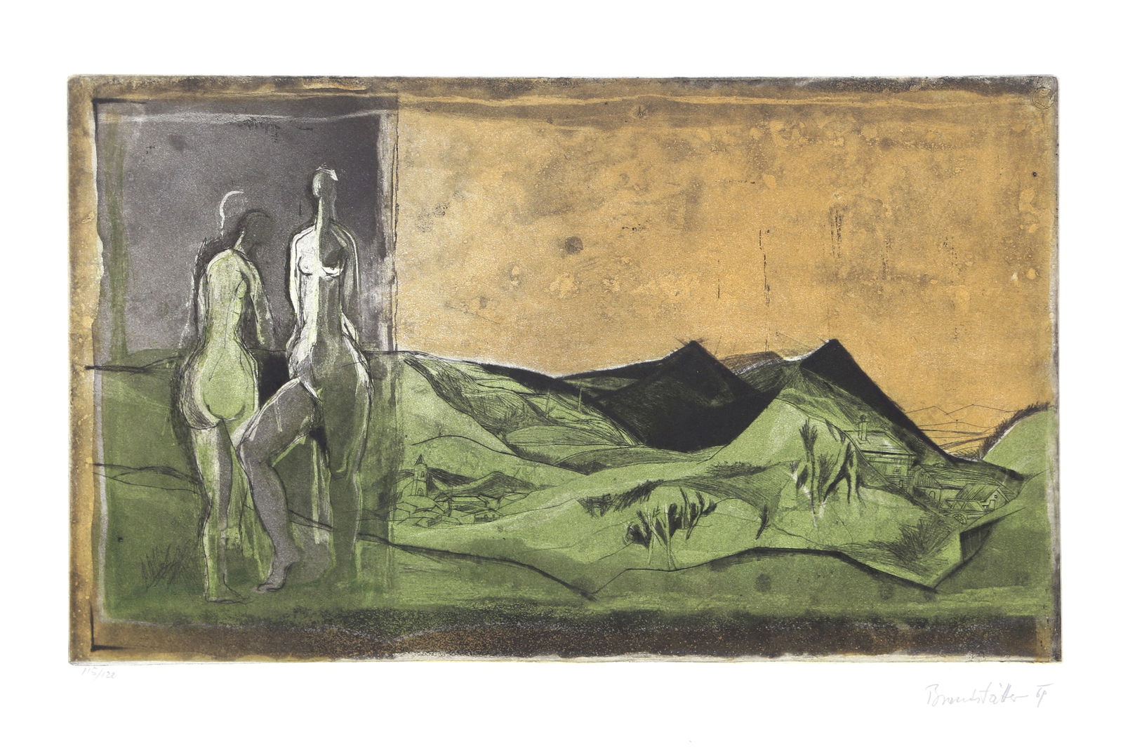 Karl Brandstatter, Two Nudes in Landscape, Etching: Artist: Karl Brandstatter, Austrian (1946 - ) Title: Two Nudes in Landscape Medium: Etching, signed and numbered in pencil Edition: 115/120 Image Size: 11.5 x 19 inches Size: 19.5 x 25.5 in. (49.53 x
