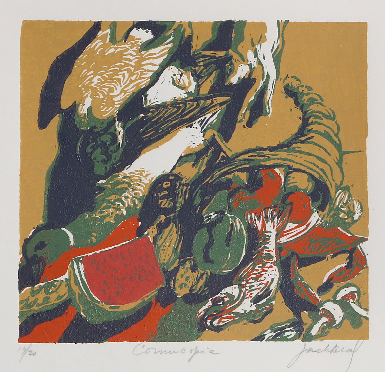 Jack Beal, Cornucopia, Woodcut on Arches: Artist: Jack Beal, American (1931 - 2013) Title: Cornucopia Year: 1977 Medium: Woodcut on Arches, signed, titled and numbered in pencil Edition: 19/20 Image Size: 7 x 7.5 inches Size: 15 x 15.5 in. (3