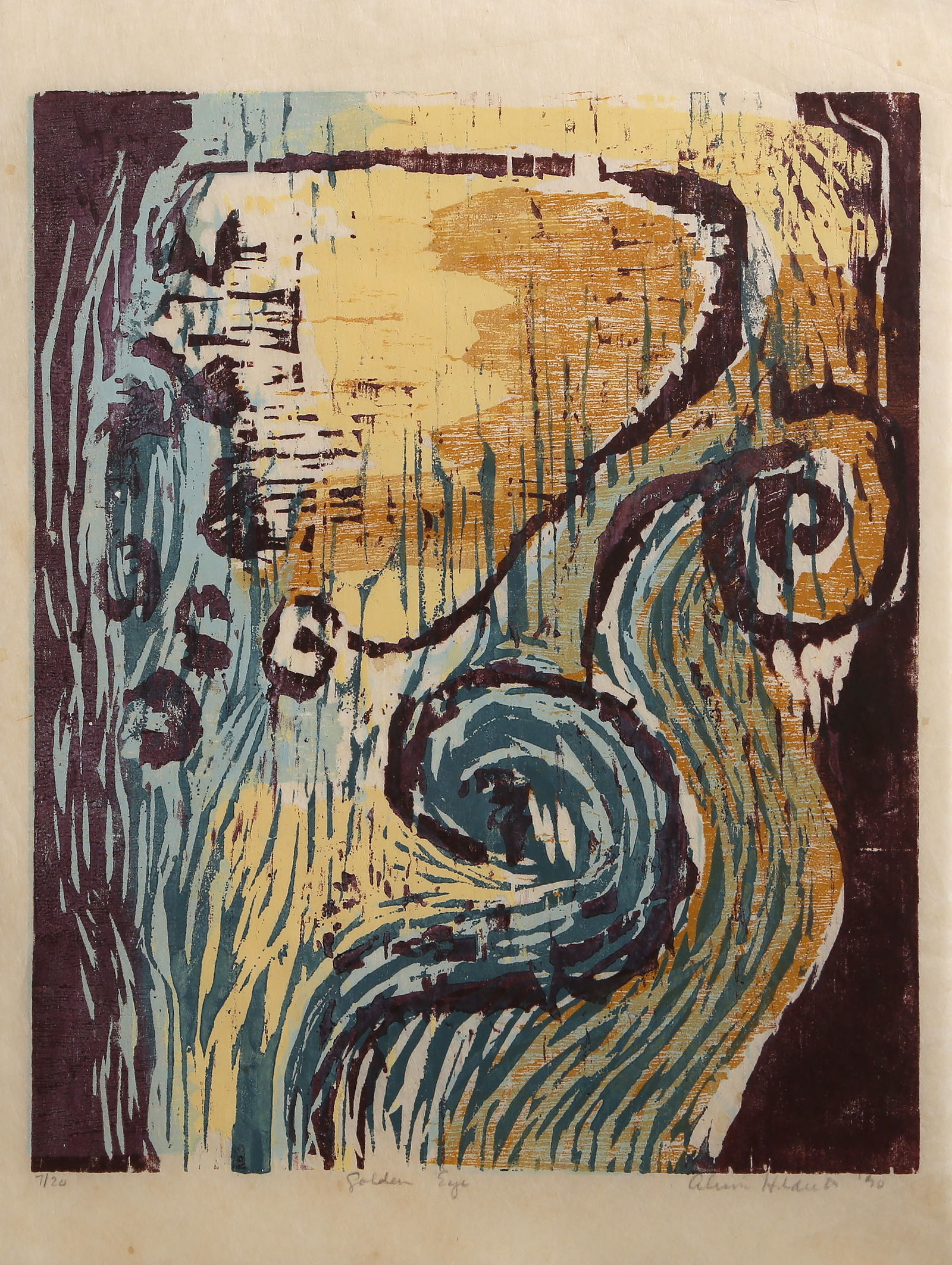 Alison Hildreth, Golden Eye, Woodcut: Artist: Alison Hildreth, American (1934 "? ) Title: Golden Eye Year: 1990 Medium: Woodcut on thin wove paper, signed, titled, numbered and dated in pencil Edition: 7/20 Image Size: 11 x 9 inches Size:
