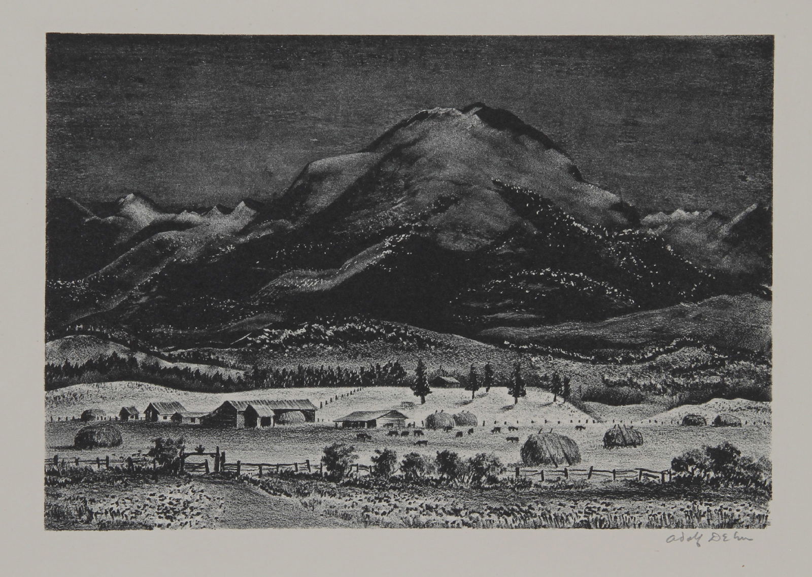 Adolf Dehn, Black Mountain, Lithograph: Artist: Adolf Dehn, American (1895 - 1968) Title: Black Mountain Year: circa 1940 Medium: Lithograph, signed in pencil Image Size: 9 x 13 inches Size: 13 in. x 17 in. (33.02 cm x 43.18 cm)
