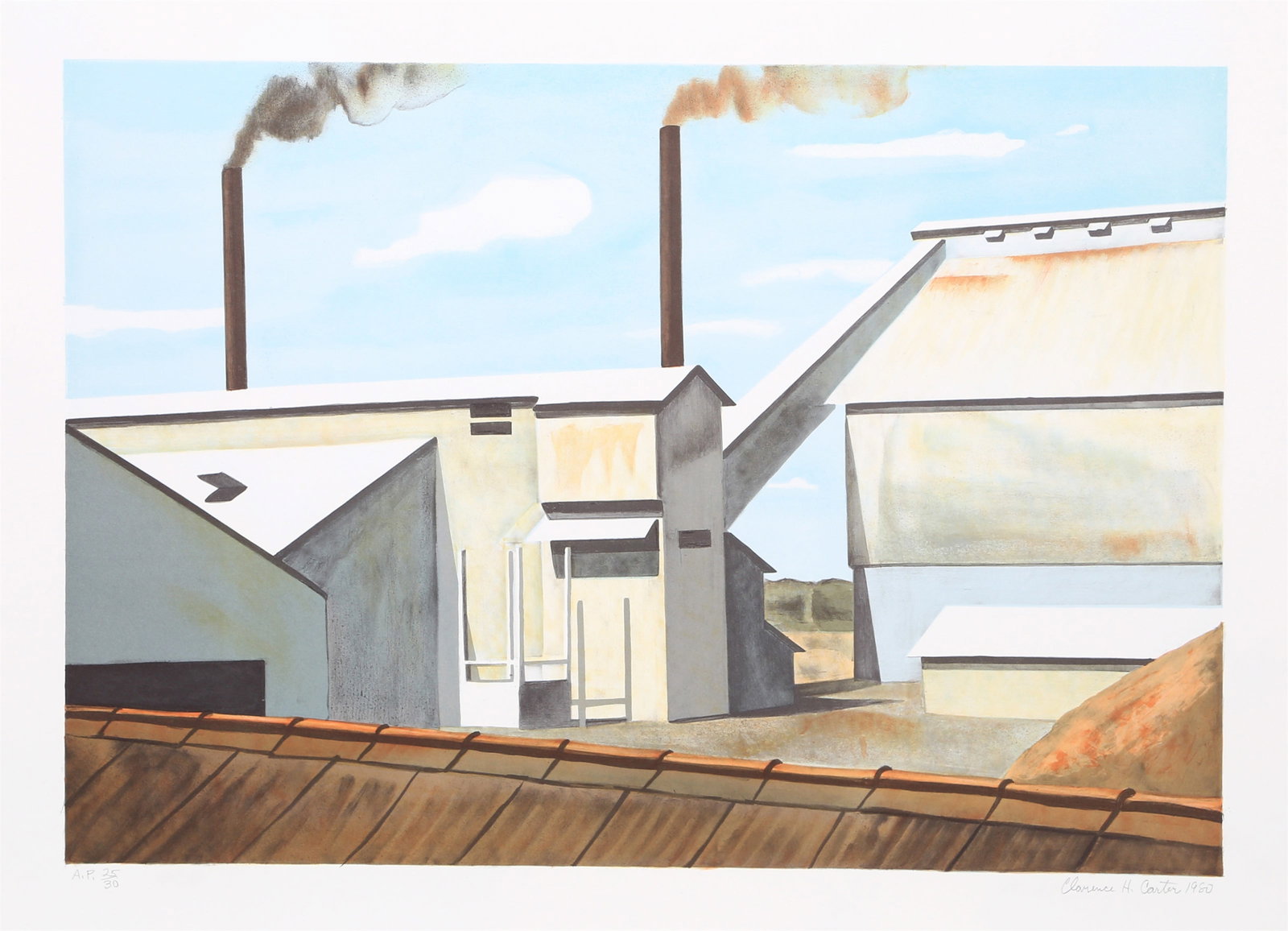 Clarence Holbrook Carter, Bauxite Factory, Suriname, Lithograph: Artist: Clarence Holbrook Carter, American (1904 - 2000) Title: Bauxite Factory, Suriname Year: 1980 Medium: Lithograph, signed and numbered in pencil Edition: 200, AP 30 Image Size: 17.75 x 26 inches