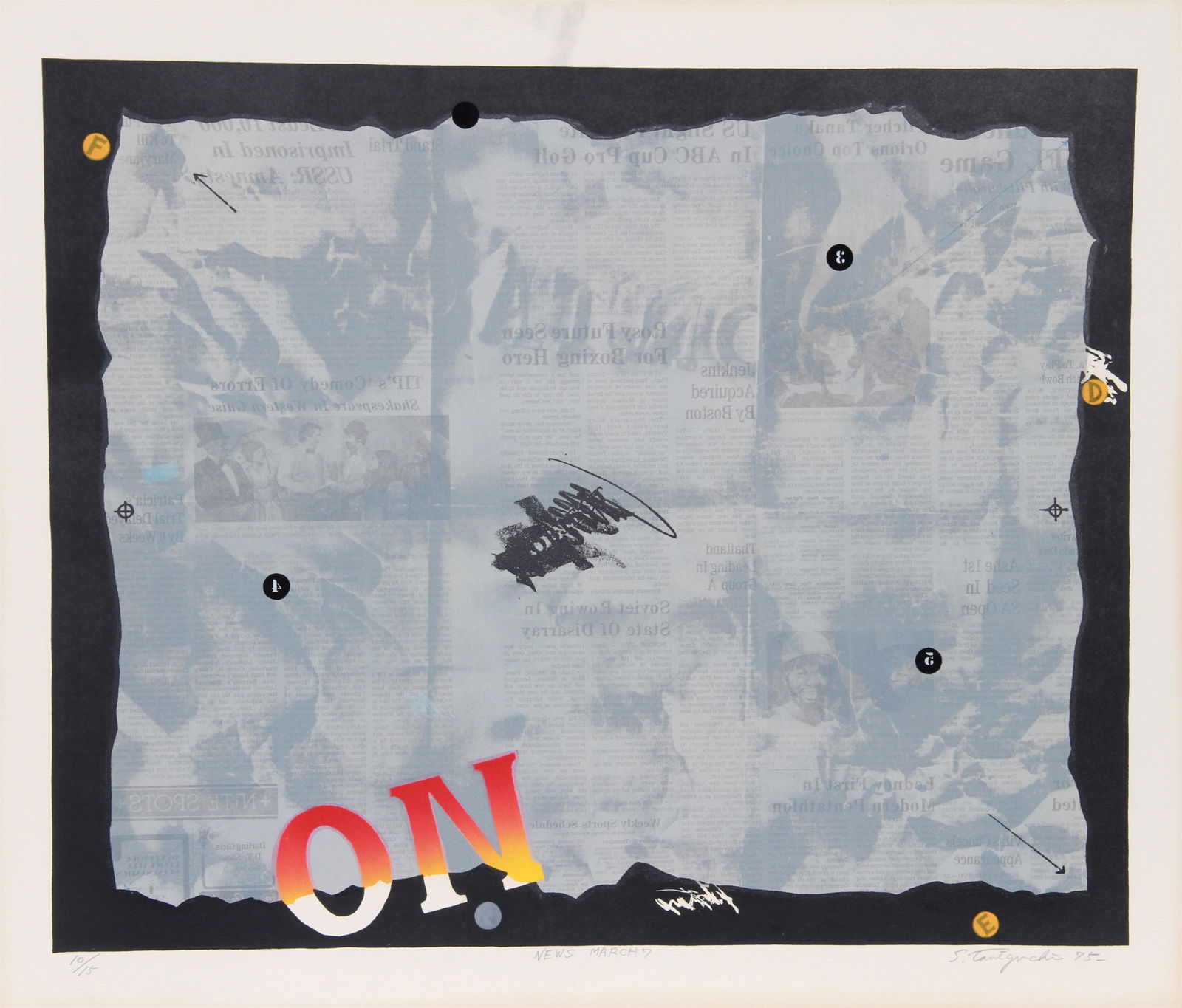 Shigeru Taniguchi, News March 7th, Screenprint: Artist: Shigeru Taniguchi, Japanese (1948 - ) Title: News March 7th Year: 1975 Medium: Screenprint, signed and numbered in pencil Edition: 10/15 Image Size: 19.5 x 23.5 inches Size: 22 in. x 26 in. (5