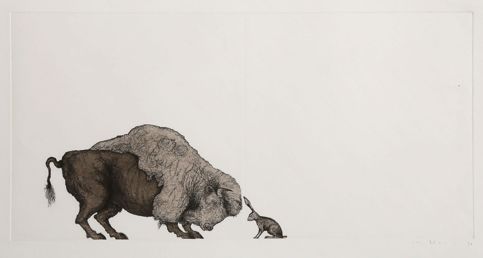 Mel Chin, Self-Portrait (Bison and Hare), Etching: Artist: Mel Chin, American (1951- ) Title: Self-Portrait (Bison and Hare) Year: 1996 Medium: Etching on BFK Rives, signed, numbered and dated in pencil Edition: 25 Image Size: 11 x 21.5 inches Size: 1