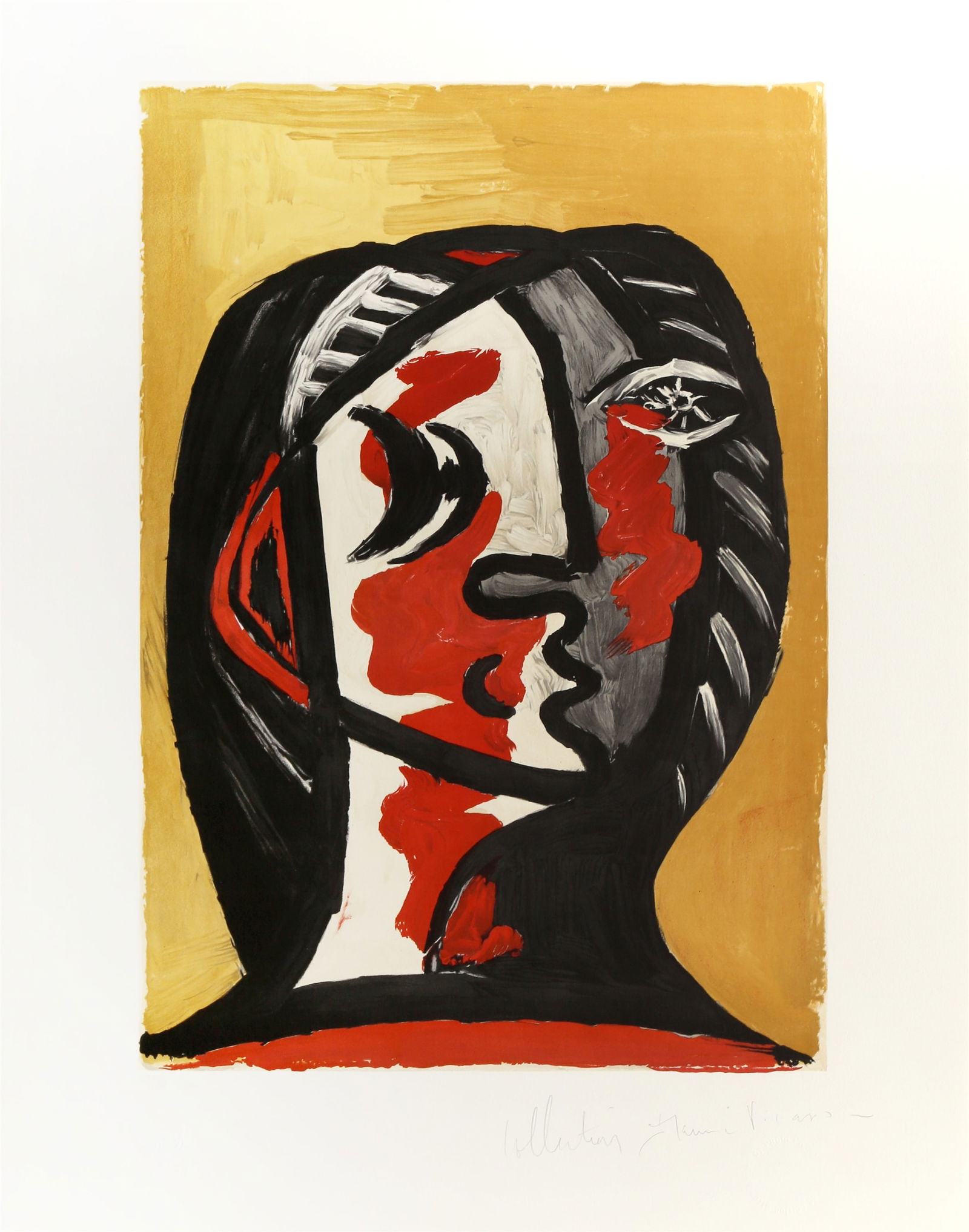 after Pablo Picasso, Tete de Femme en Gris et Rouge sur Fond Ochre, Lithograph: Artist: Pablo Picasso, After, Spanish (1881 - 1973) Title: Tete de Femme en Gris et Rouge sur Fond Ochre Portfolio: Marina Picasso Estate Lithograph Collection Year: of Original: 1926 | Year Printed: