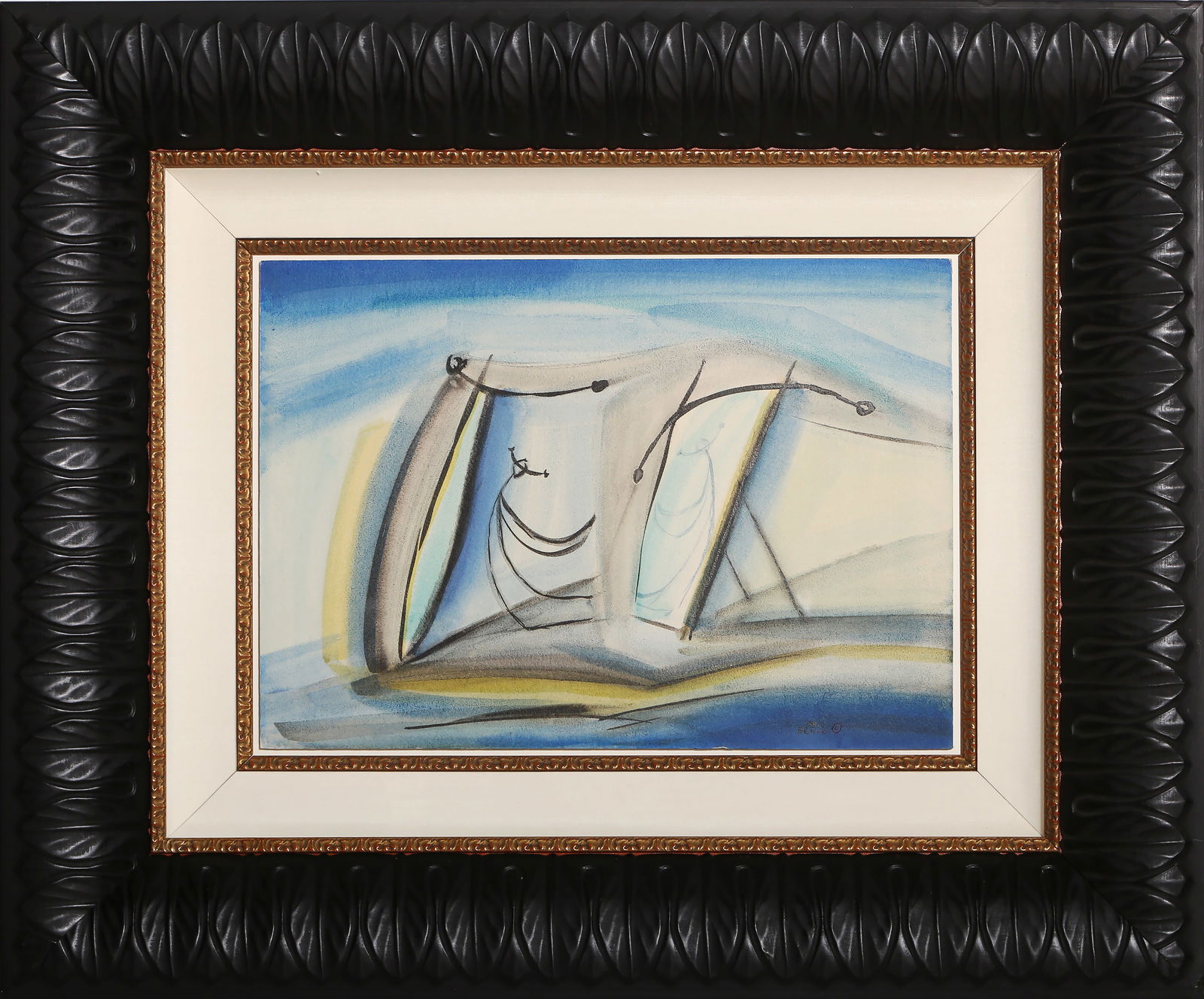 Benjamin Benno, At Sea: Caligraphy, Colored India Ink Painting: Artist: Benjamin Benno, American (1901 - 1980) Title: At Sea: Caligraphy Year: 1941 Medium: Colored India Ink on Board, signed and dated Size: 14.25 x 20.5 in. (36.2 x 52.07 cm) Frame Size: 28.75 x 35