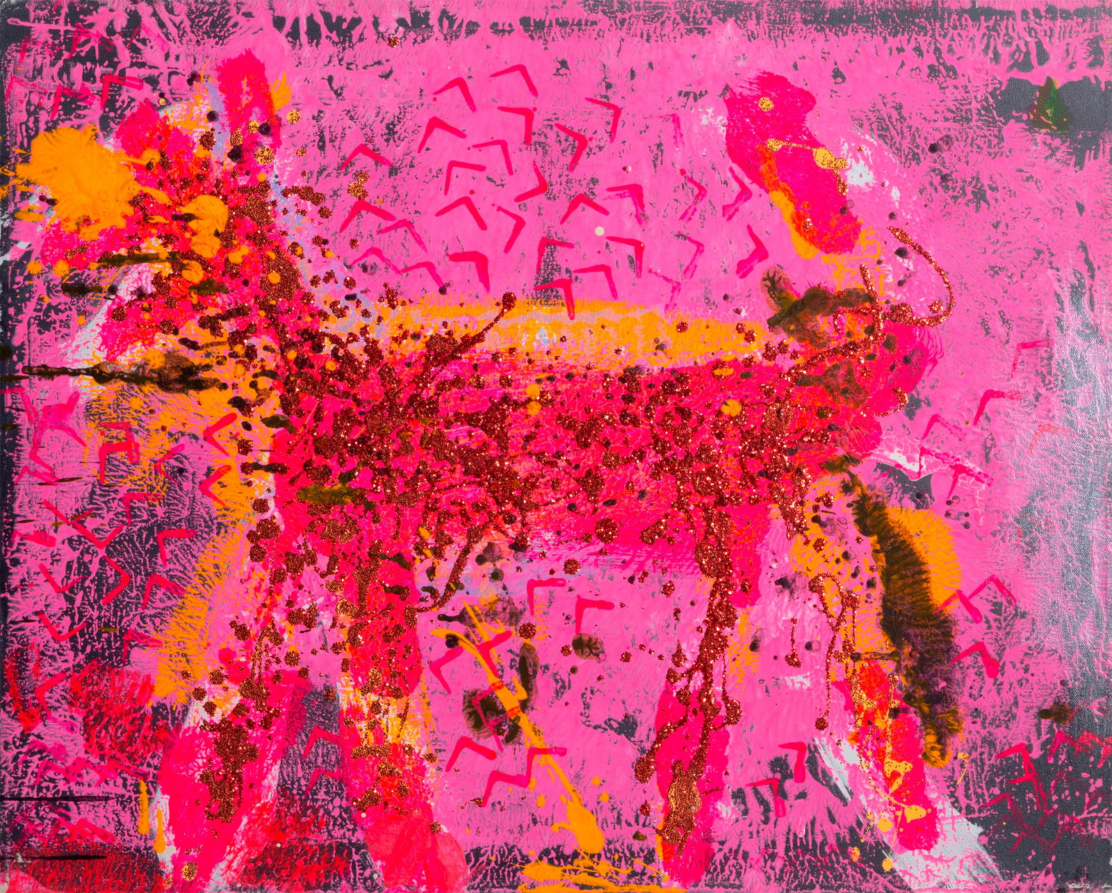 Peter Mayer, Dog (Pink and Orange and Black), Acrylic Painting: Artist: Peter Mayer, American (1954 - ) Title: Dog (Pink and Orange and Black) Year: circa 1990 Medium: Acrylic, sand, and glitter on canvas, artists stamp verso Size: 24 x 30 in. (60.96 x 76.2 cm)