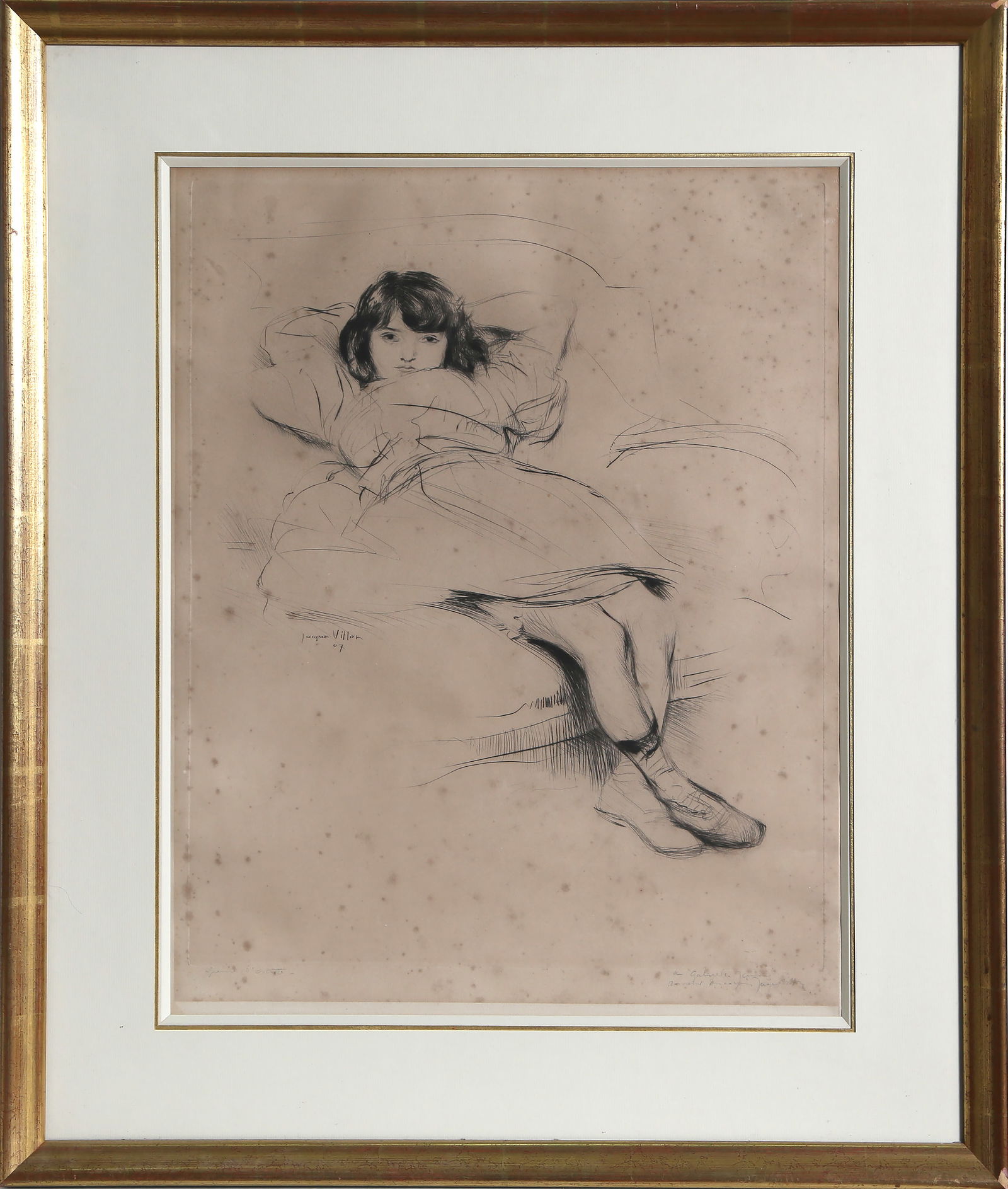 Jacques Villon, Renee on a Sofa, Etching: Artist: Jacques Villon, French (1875 - 1963) Title: Renee on a Sofa Year: 1907 Medium: Etching, signed, numbered and dedicated in pencil Edition: AP Image Size: 19 x 15.5 inches Size: 15.5 x 20 in. (3