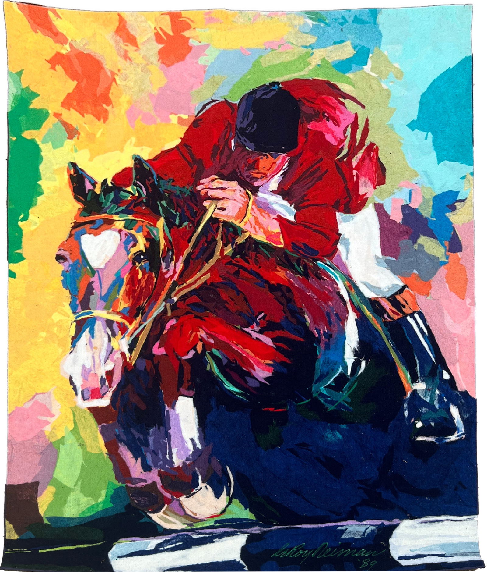 LeRoy Neiman, Olympic Jumper, Woolen Tapestry: Artist: LeRoy Neiman, American (1921 - 2012) Title: Olympic Jumper Year: 1989 Medium: Woolen Tapestry, signed and dated Size: 84 x 60 in. (213.36 x 152.4 cm) Printer: Soft Art / Leroy Neiman Publisher