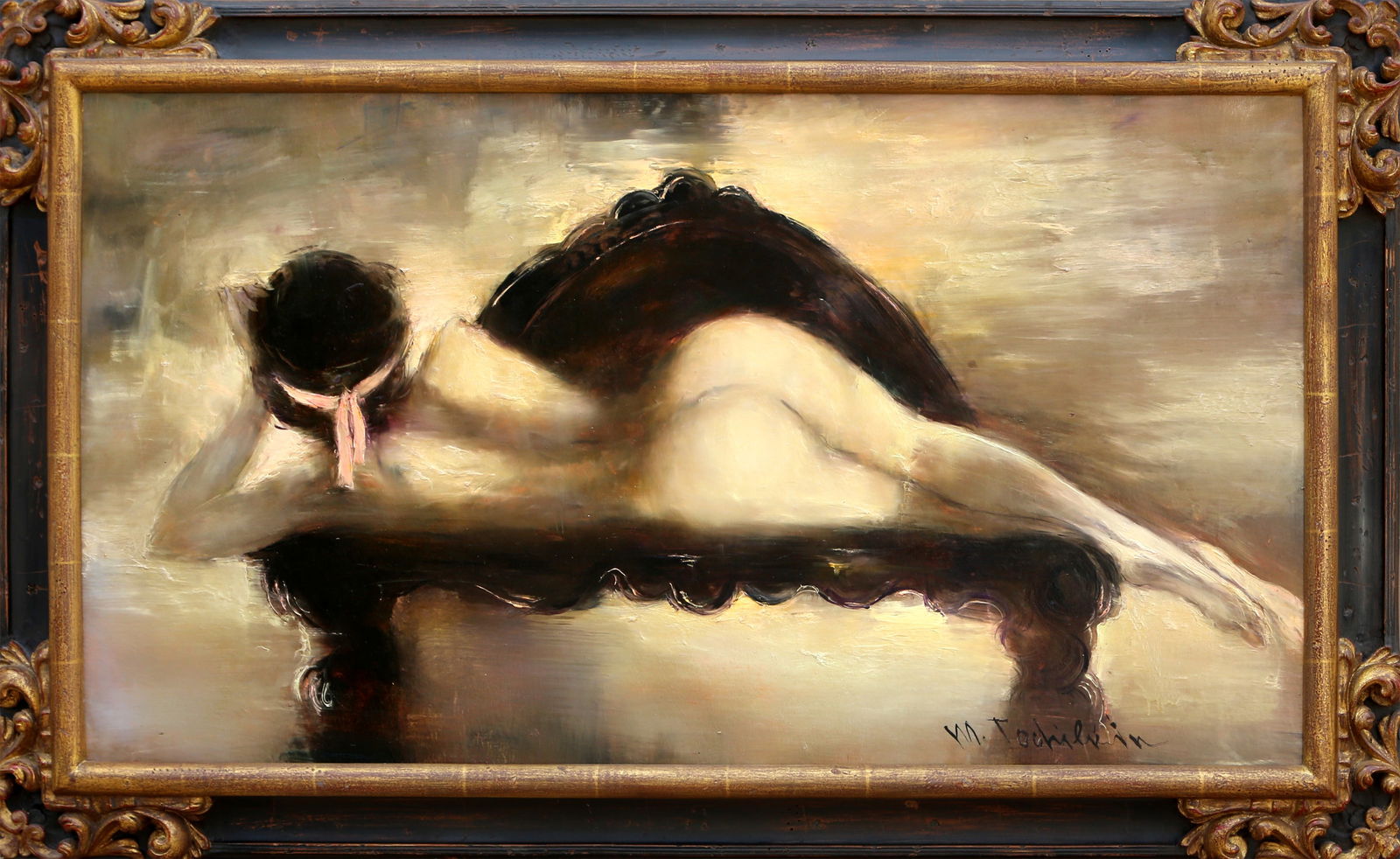Mark Tochlikin, Female Nude Laying on Bench, Oil Painting: Artist: Mark Tochlikin, Ukrainian/Israeli (1958 - ) Title: Female Nude Laying on Bench Medium: Oil on canvas, signed lower right Size: 31 x 56 in. (78.74 x 142.24 cm) Frame Size: 41 x 65 inches