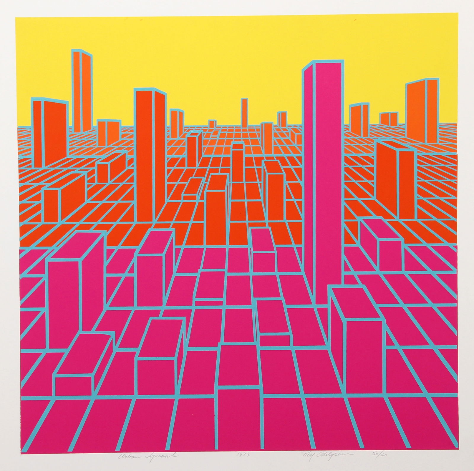 Roy Ahlgren, Urban Sprawl, Screenprint: Artist: Roy Ahlgren, American (1927 - 2011) Title: Urban Sprawl Year: 1973 Medium: Screenprint, signed and numbered in pencil Edition: 60 Image Size: 18 x 18 inches Size: 20 x 20 in. (50.8 x 50.8 cm)
