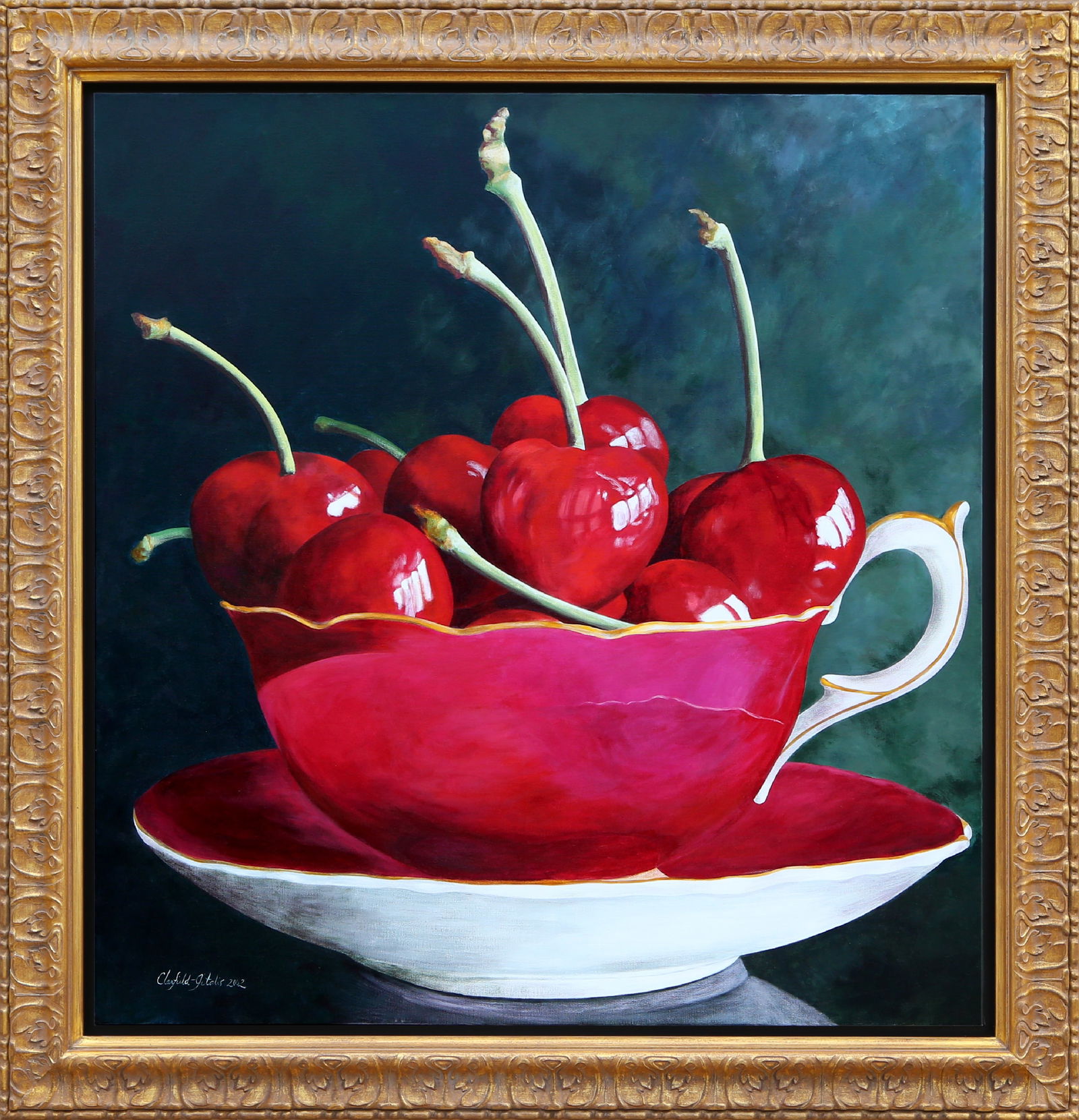 Elaine Clarfield-Gitalis, Cherries in a Teacup, Oil Painting: Artist: Elaine Clarfield-Gitalis, Canadian (1948 - ) Title: Cherries in a Teacup Year: 2002 Medium: Oil on canvas, signed lower left Size: 46.5 x 44 in. (118.11 x 111.76 cm) Frame Size: 56 x 53.5 inch