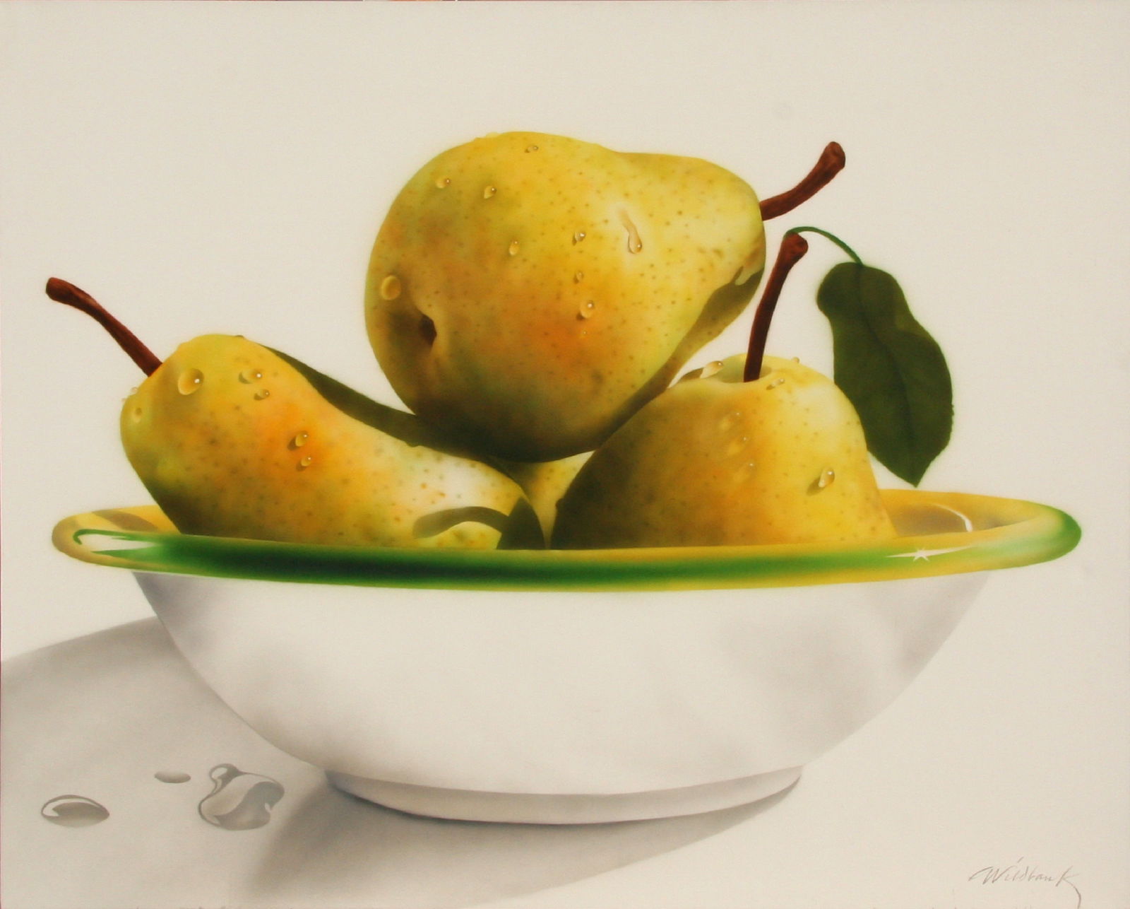 Charles Wildbank, Bowl of Pears, Acrylic Painting: Artist: Charles Wildbank, American (1948 - ) Title: Bowl of Pears Year: 1990 Medium: Acrylic on Canvas Size: 48 in. x 60 in. (121.92 cm x 152.4 cm)
