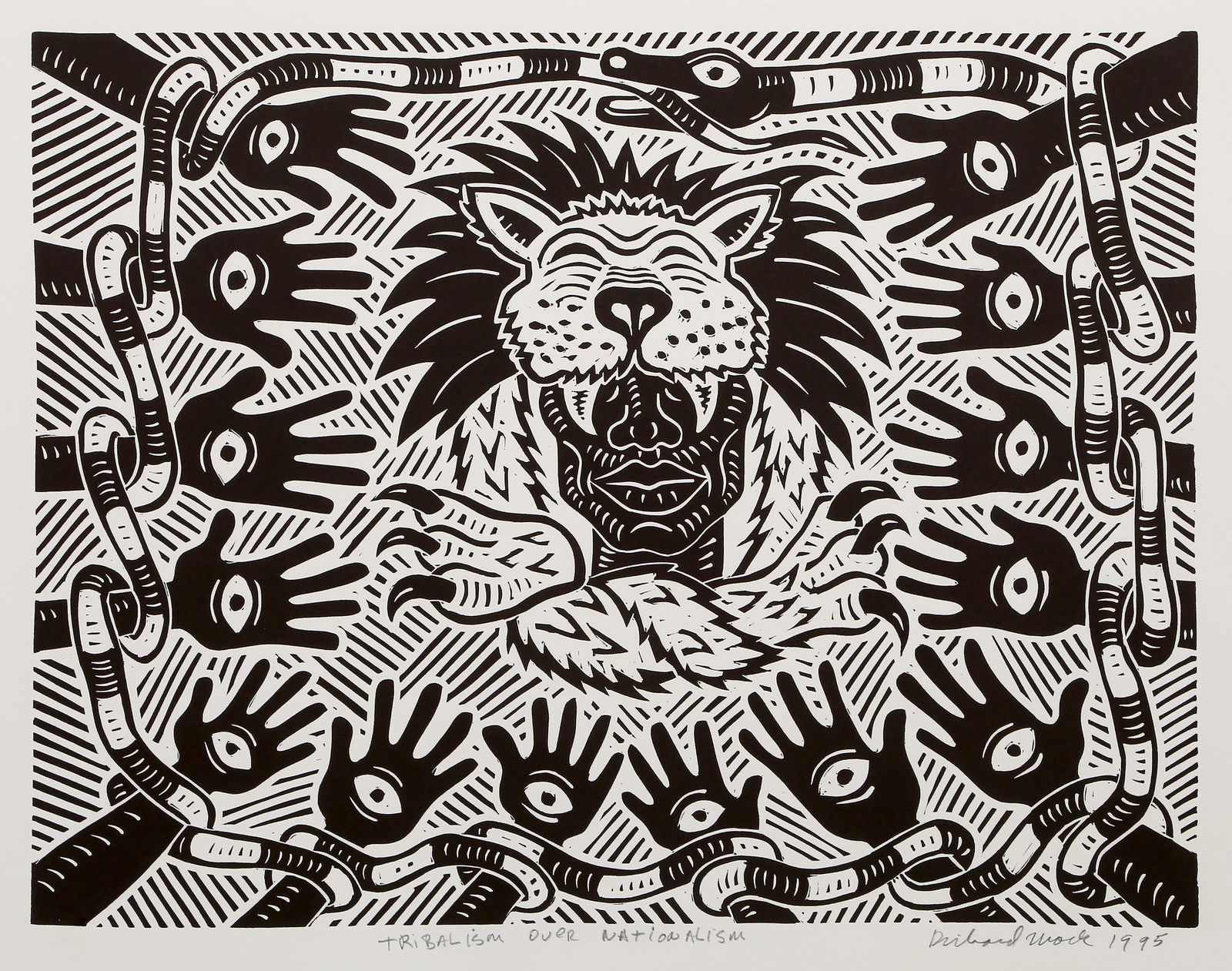 Richard Mock, Tribalism Over Nationalism, Linocut: Artist: Richard Mock, American (1944 - 2006) Title: Tribalism Over Nationalism Year: 1995 Medium: Linocut on BFK Rives, signed, titled, dated and numbered in pencil Edition: 80 Image Size: 17.25 x 22.
