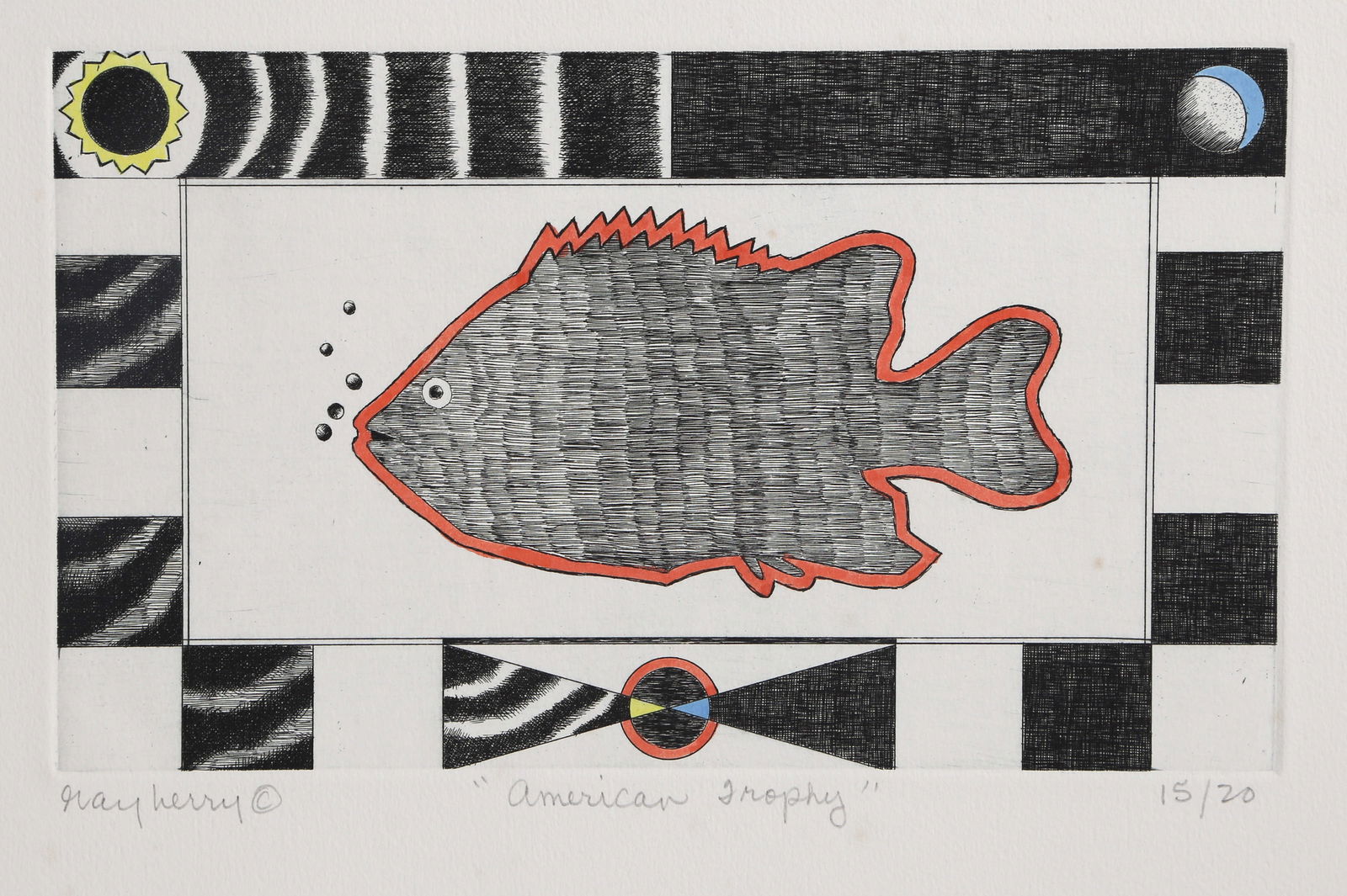 Mary Henry, American Trophy, Hand Colored Etching: Artist: Mary Henry, American (1913 "? 2009) Title: American Trophy Year: circa 1985 Medium: Hand Colored Etching on Arches, signed, titled and numbered in pencil Edition: 15/20 Image Size: 7 x 11.75 i