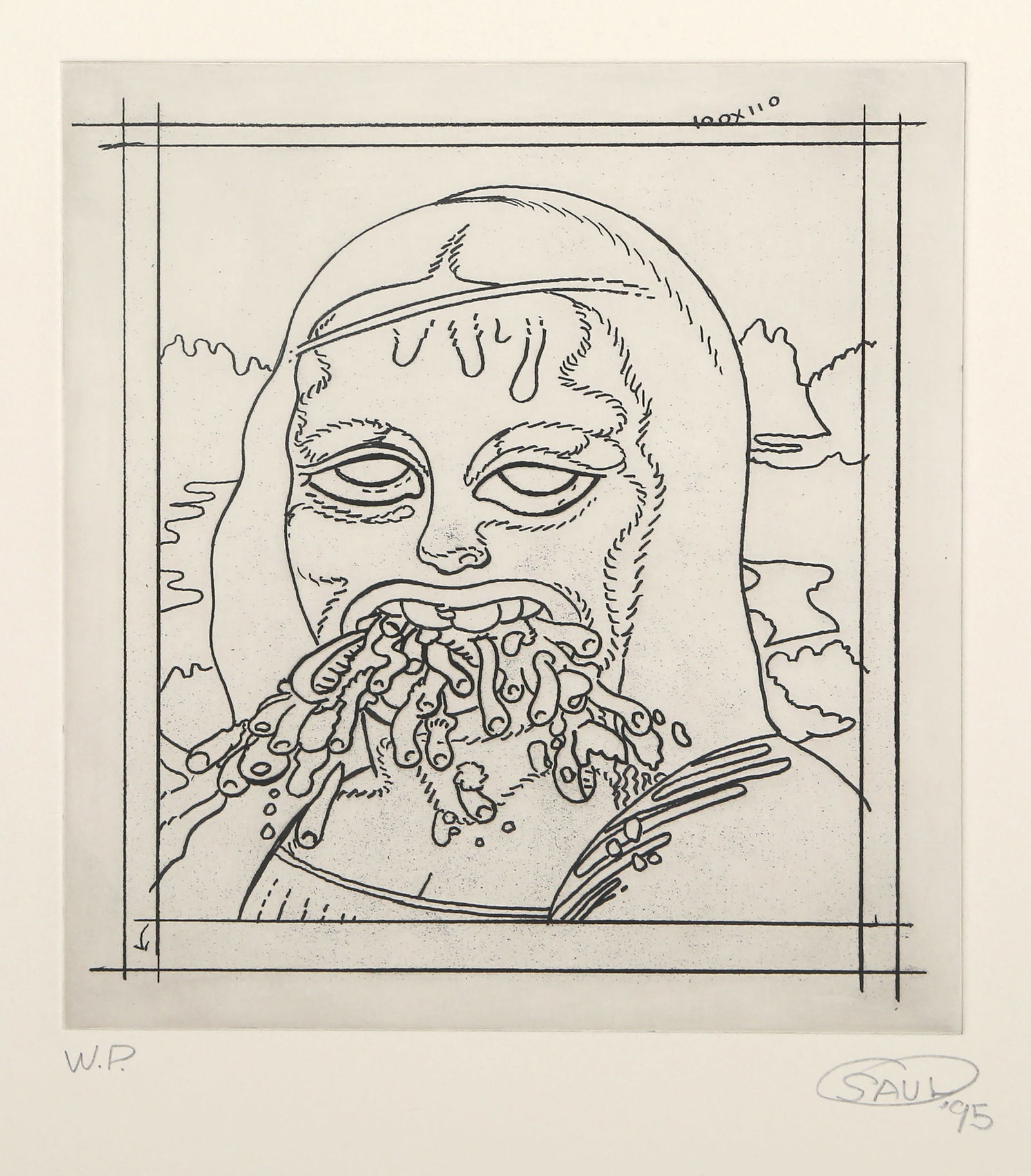 Peter Saul, Mona Lisa, Etching: Artist: Peter Saul, American (1934 - ) Title: Mona Lisa Year: 1995 Medium: Etching on cream wove paper, signed, numbered and dated in pencil Edition: WP Image Size: 7 x 6.5 inches Size: 22 x 15 in. (5