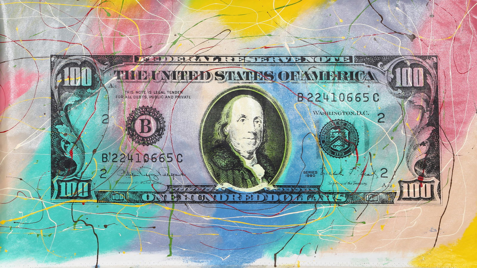 Steve Kaufman, $100 Dollar Bill, Screenprint: Artist: Steve Kaufman, American (1960 - 2010) Title: $100 Dollar Bill Medium: Screenprint on Canvas, signed and numbered on verso Edition: 30/100 Size: 25 x 43.5 in. (63.5 x 110.49 cm) Description: A