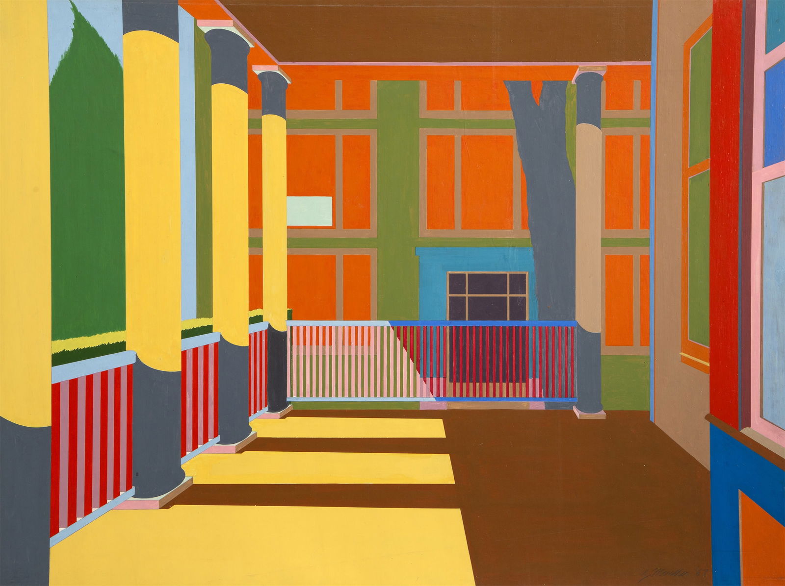 George Mueller, Porch, Acrylic Painting: Artist: George Mueller, American (1929 - 2021) Title: Porch Year: 1967 Medium: Acrylic on Board, signed and dated in pencil Size: 24 x 32 in. (60.96 x 81.28 cm)