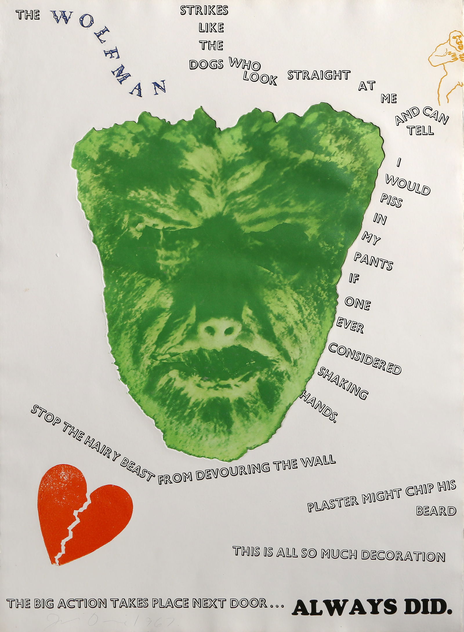 Jim Dine, Wolfman (Wall), Aquatint Etching: Artist: Jim Dine, American (1935 - ) Title: Wolfman (Wall) Year: 1967 Medium: Aquatint Etching, signed and numbered in pencil Edition: 120 Size: 31 in. x 22 in. (78.74 cm x 55.88 cm)