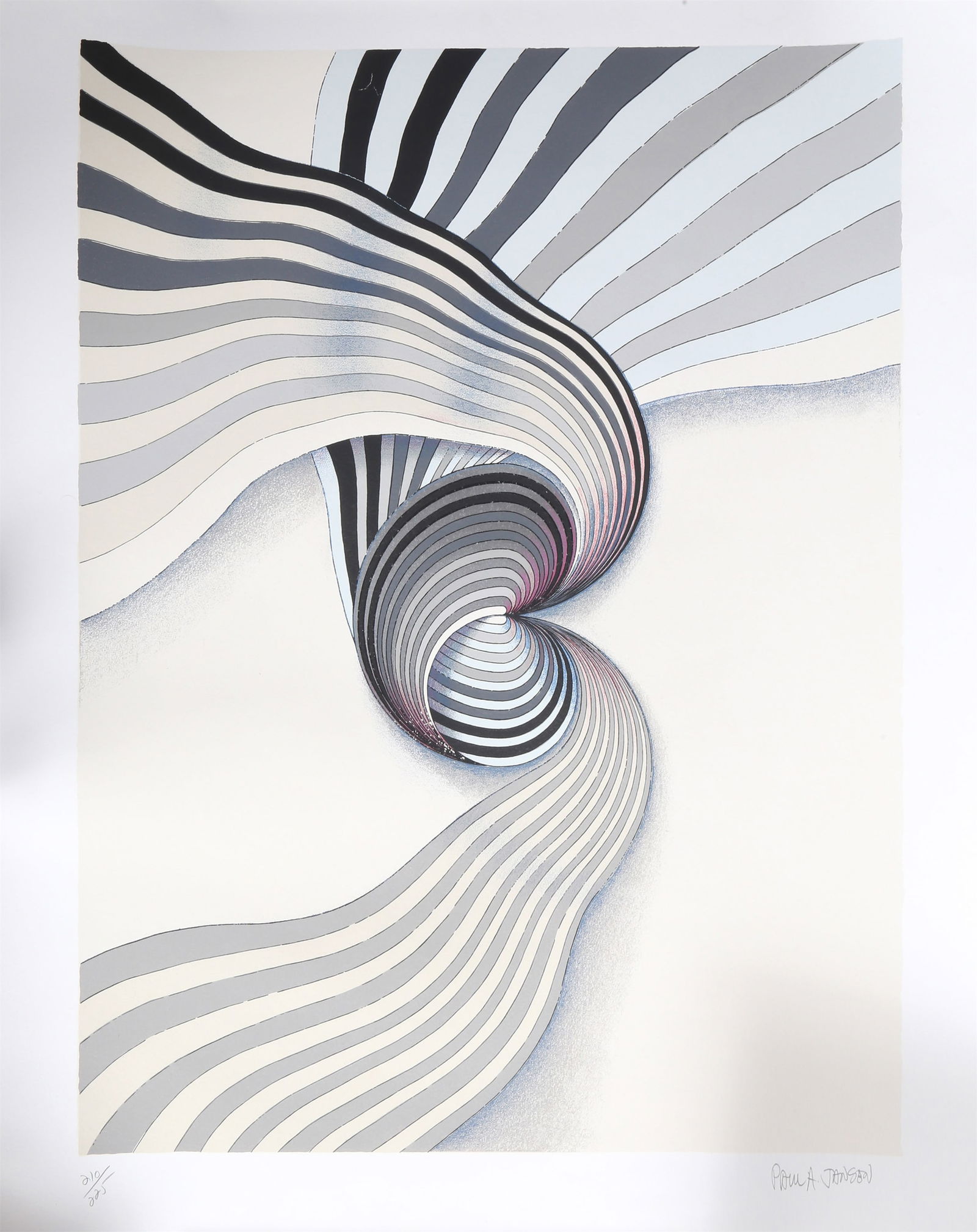 Paul Arthur Jansen, Abstract Spiral, Screenprint: Artist: Paul Arthur Jansen, American (1945 - ) Title: Abstract Spiral Year: circa 1980 Medium: Screenprint, signed and numbered in pencil Edition: 210/225 Image Size: 29 x 22 inches Size: 36 x 28 in.