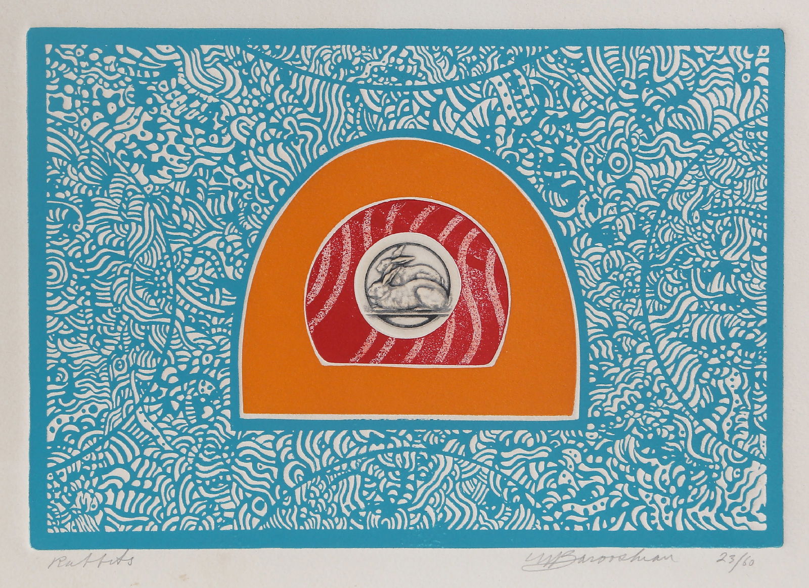 Martin Barooshian, Rabbits, Etching: Artist: Martin Barooshian, American (1929 "? 2022) Title: Rabbits Year: circa 1979 Medium: Etching with Embossing, signed, numbered and titled in pencil Edition: 23/60 Image Size: 7.5 x 10.75 inches S