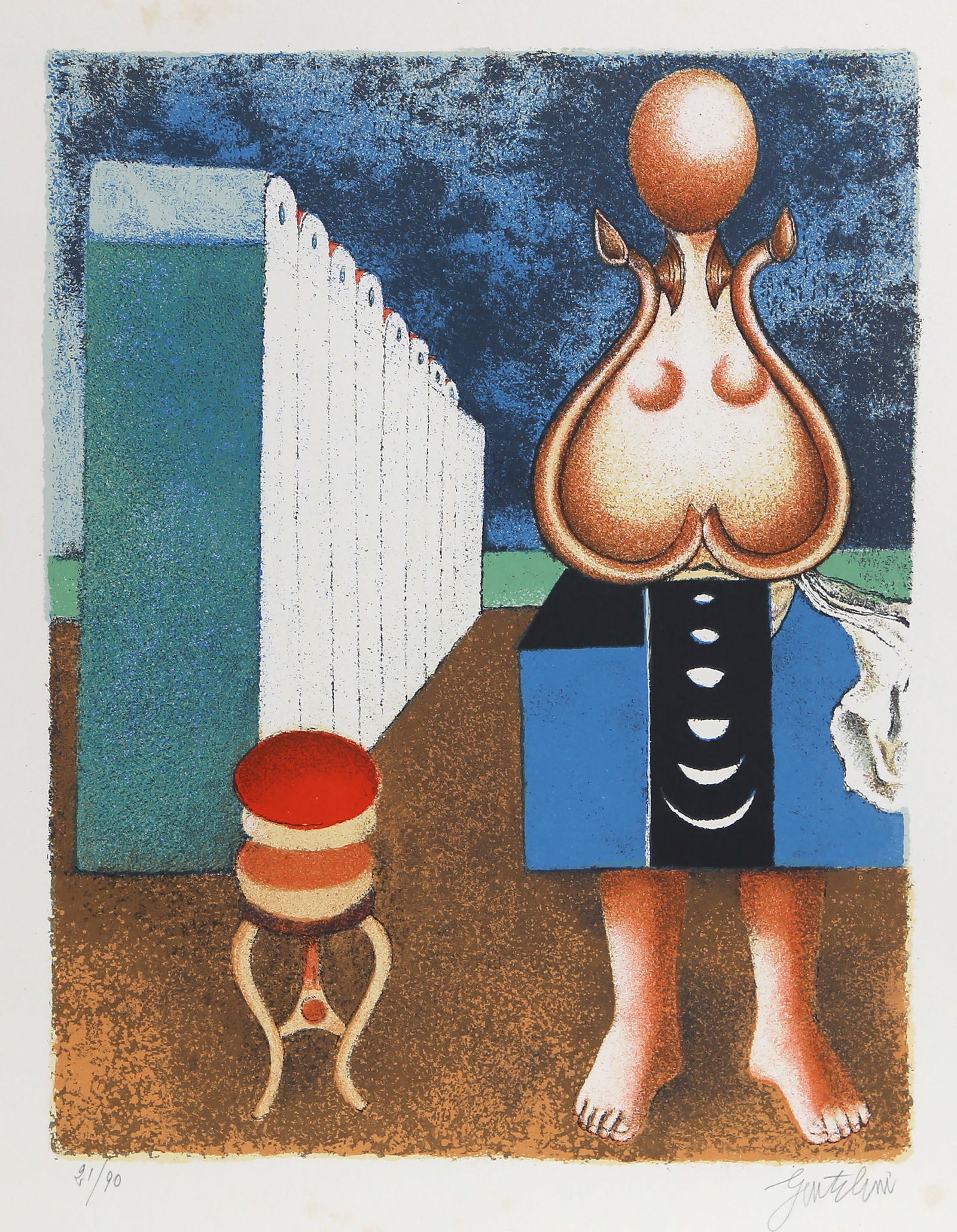 Franco Gentilini, La Grande Bagnante, Lithograph: Artist: Franco Gentilini, Italian (1909 - 1981) Title: La Grande Bagnante Year: 1971 Medium: Lithograph, signed and numbered in pencil Edition: 21/90 Image Size: 15.5 x 12 inches Size: 21 x 17 in. (53