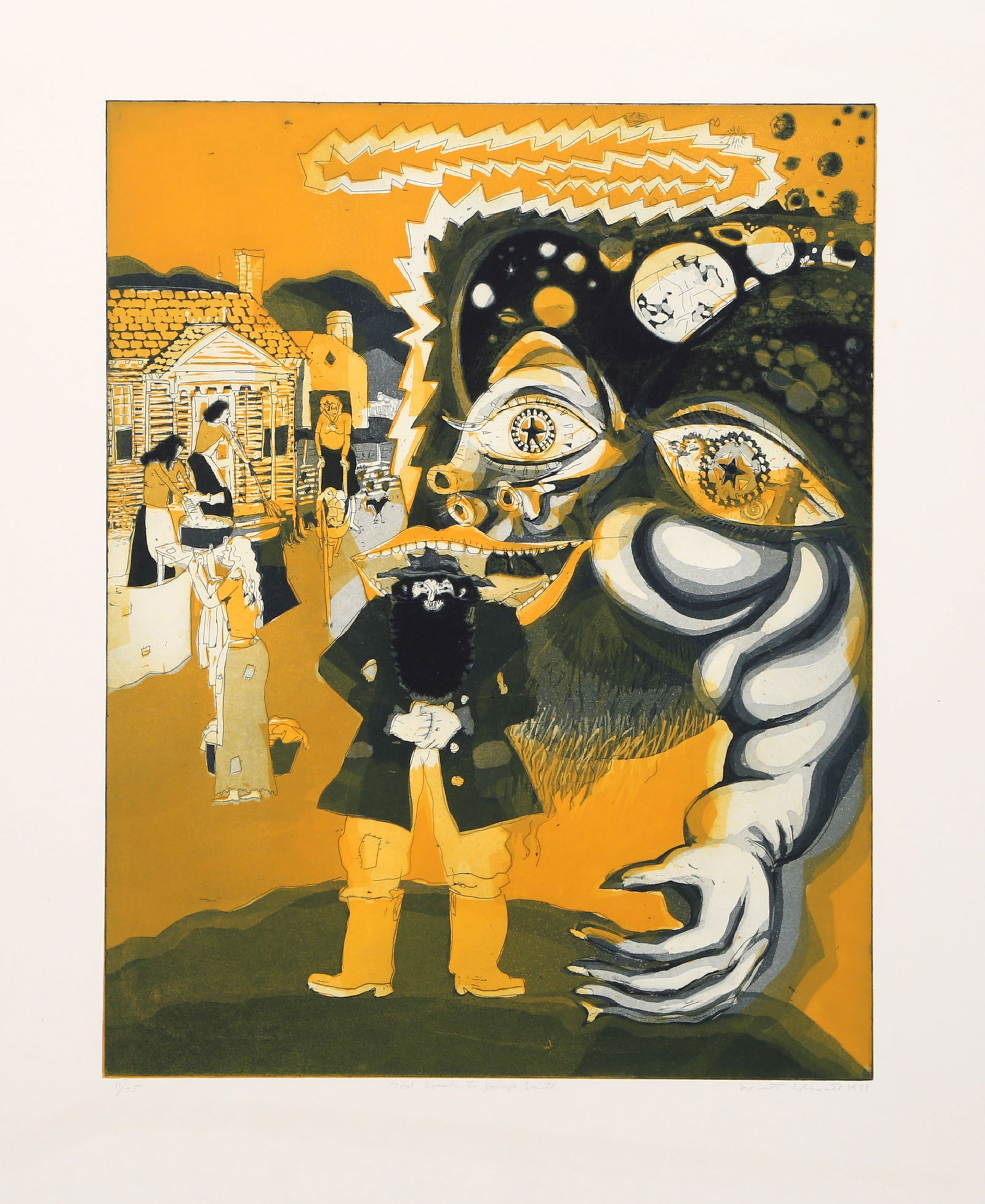 Warrington Colescott, God Speaks To Joseph Smith, Etching: Artist: Warrington Colescott, American (1921 - 2018) Title: God Speaks To Joseph Smith Year: circa 1975 Medium: Etching, signed and numbered in pencil Edition: 11/75 Image Size: 19.5 x 15 inches Size: