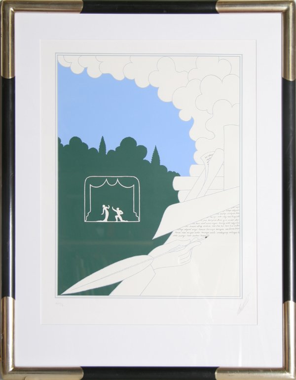 Erte, Writer in Landscape, Serigraph: Artist: Erte, Russian (1892 - 1989) Title: Writer in Landscape Year: 1982 Medium: Serigraph, Signed and Numbered in Pencil Edition: XLVI/C Size: 30 in. x 22 in. (76.2 cm x 55.88 cm) Frame Size: 33.5 x