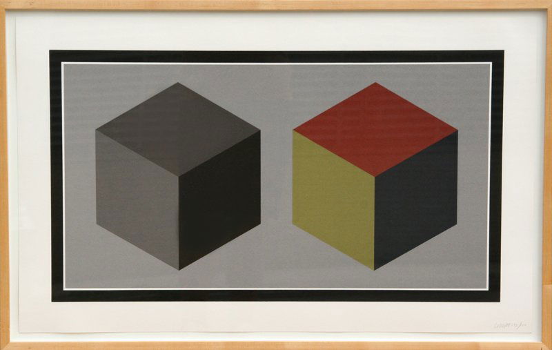 Sol Lewitt, Two Cubes, Silkscreen: Artist: Sol Lewitt, American (1928 - 2007) Title: Untitled Year: circa 1990 Medium: Silkscreen, Signed and numbered in pencil Edition: 143/150 Size: 20 in. x 32 in. (50.8 cm x 81.28 cm) Frame Size: 24