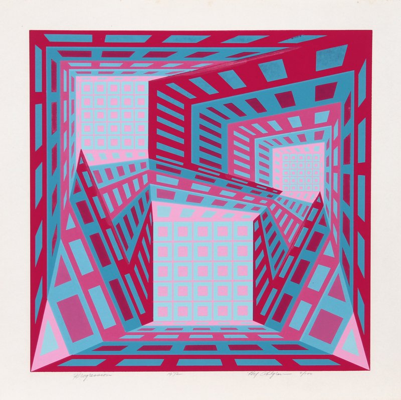 Roy Ahlgren, Progression, Silkscreen: Artist: Roy Ahlgren, American (1927 - 2011) Title: Progression Year: 1972 Medium: Silkscreen, signed, titled and numbered in pencil Edition: 6/100 Image Size: 17 x 17 inches Size: 20 in. x 20 in. (50.