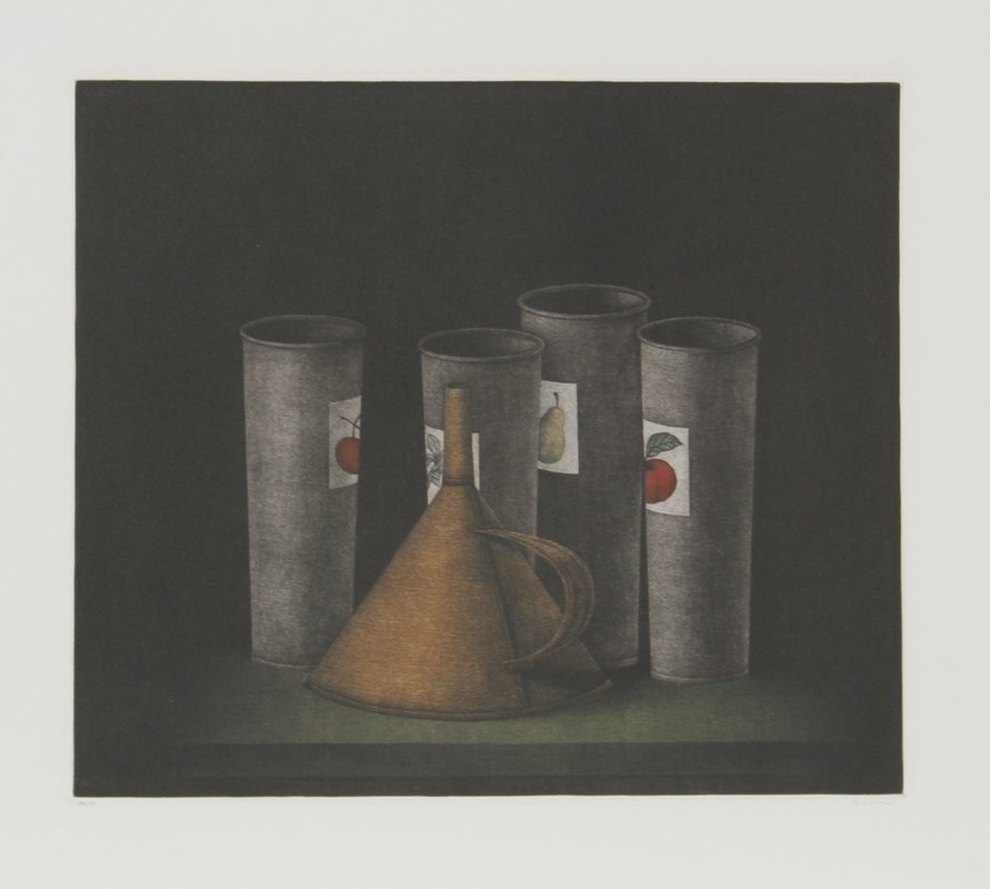 Tomoe Yokoi, Funnel and Fruit Cups, Mezzotint: Artist: Tomoe Yokoi, Japanese (1942 - ) Title: Funnel and Fruit Cups Year: circa 1973 Medium: Mezzotint, Signed and Numbered in Pencil Edition: 150 Size: 19.5 in. x 25.5 in. (49.53 cm x 64.77 cm)