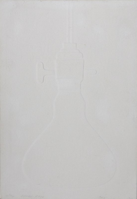 Omar Rayo, Bulb, Intaglio Print: Artist: Omar Rayo, Colombian (1928 - 2010) Title: Bulb Year: 1967 Medium: Intaglio, signed and numbered in pencil Edition: 10/20 Size: 11 x 7.5 in. (27.94 x 19.05 cm)