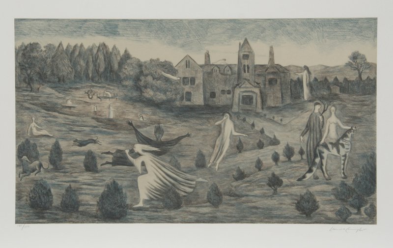 Leonora Carrington, Crookery Hall, Lithograph: Artist: Leonora Carrington, British/Mexican (1917 - 2011) Title: Crookery Hall Year: 1987 Medium: Lithograph, signed and numbered in pencil Edition: L Size: 24 in. x 36 in. (60.96 cm x 91.44 cm)