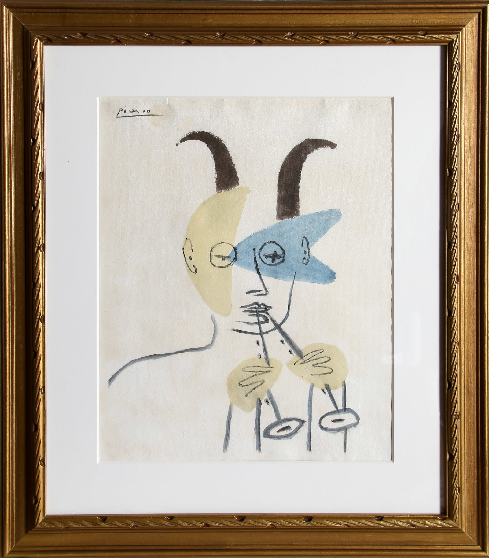 after Pablo Picasso, Faune a la Diaule, Pochoir: Artist: Pablo Picasso, After, Spanish (1881 - 1973) Title: Faune a la Diaule Portfolio: Femme et Faunes Year: 1956 Medium: Pochoir, signed in the plate Edition: 200 Size: 19.5 x 16 in. (49.53 x 40.64