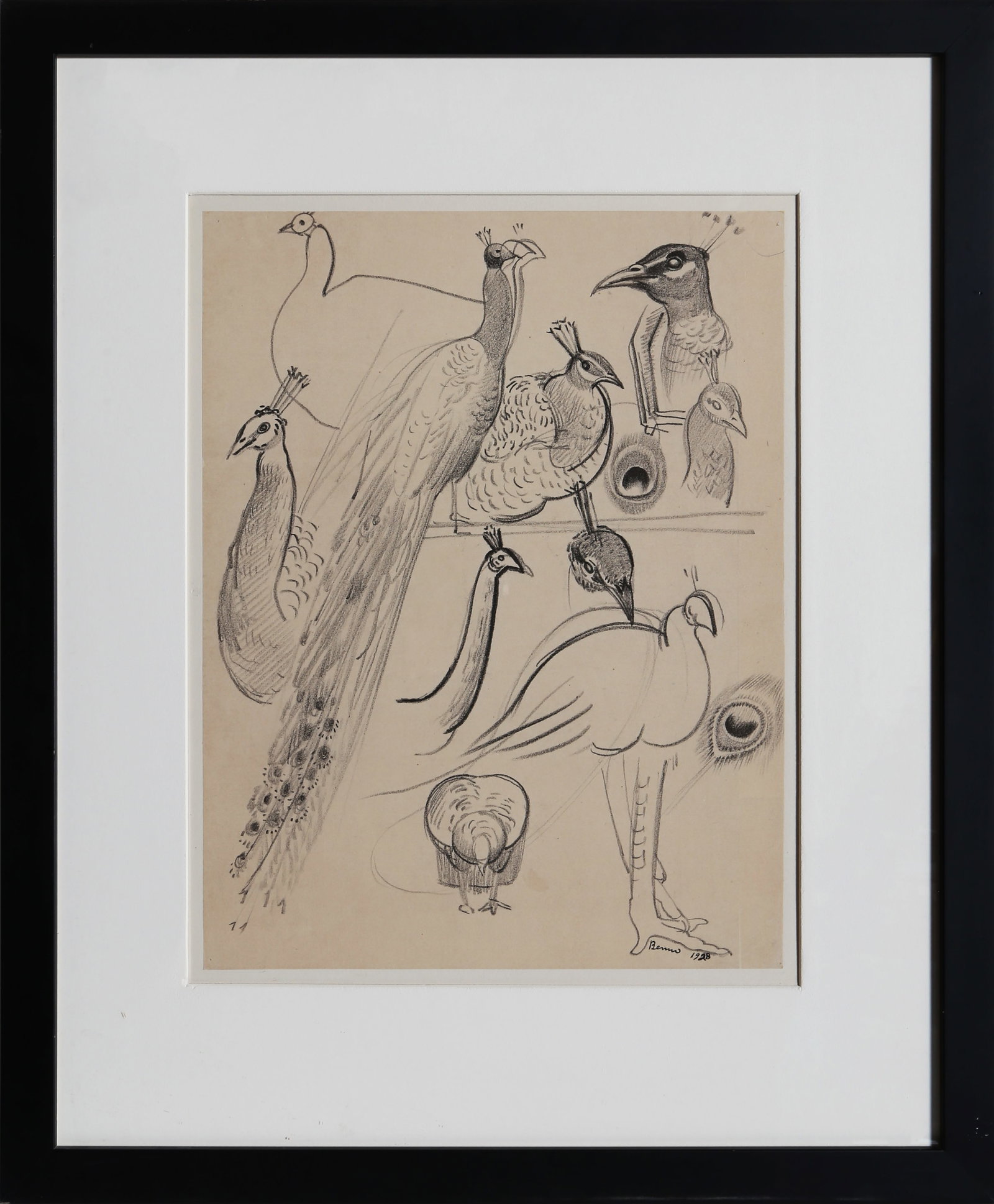 Benjamin Benno, Birds, Drawing: Artist: Benjamin Benno, American (1901 - 1980) Title: Birds Year: 1928 Medium: Graphite on Paper, signed lower right Size: 16.5 x 12.5 in. (41.91 x 31.75 cm) Frame Size: 28 x 22 inches Description: Sk