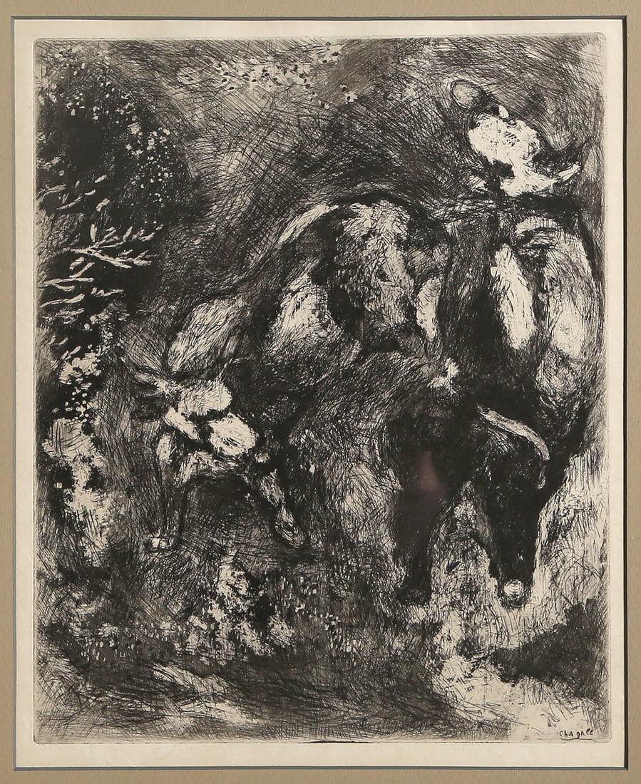 Marc Chagall, Les Deux Taureaux et une Grenouille, Etching: Artist: Marc Chagall, Russian (1887 - 1985) Title: Les Deux Taureaux et une Grenouille Portfolio: Des Fables De La Fontaine Year: 1952 Medium: Etching on Japon Nacre, signed in the plate Edition: 200
