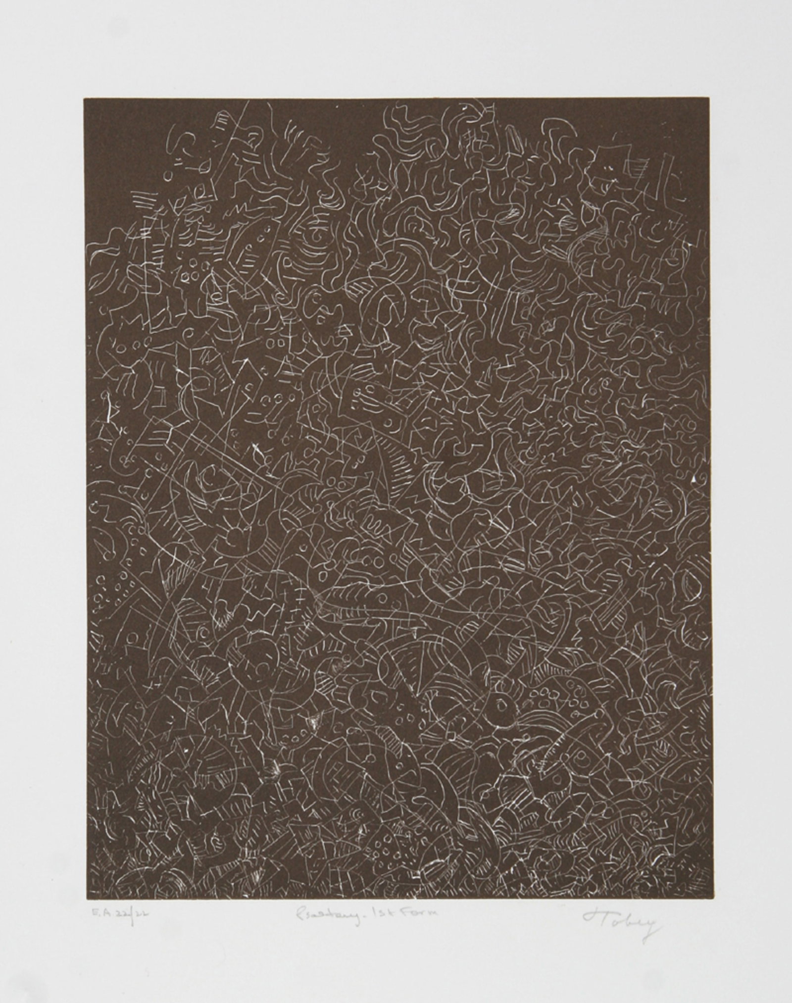Mark Tobey, Psaltery, Etching: Artist: Mark Tobey, American (1890 - 1976) Title: Psaltery, 1st Form Year: 1974 Medium: Etching on BFK Rives, signed and numbered in pencil Edition: EA 22 Image Size: 14 x 11 inches Size: 25.5 in. x 1