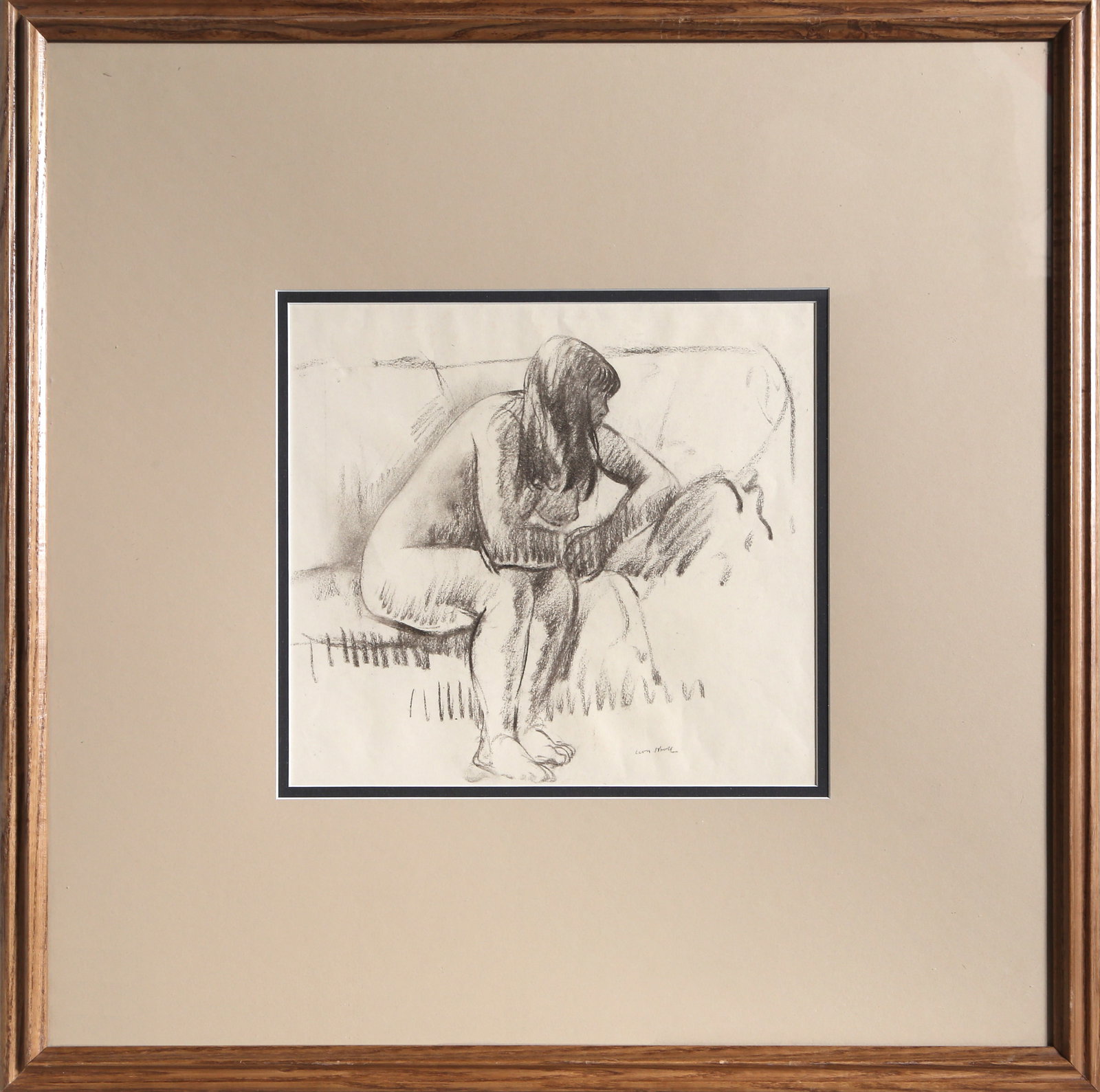 Leon Kroll, Seated Nude, Drawing: Artist: Leon Kroll, American (1884 - 1974) Title: Seated Nude Year: circa 1950 Medium: Charcoal on Paper, signed Size: 10.25 x 11 in. (26.035 x 27.94 cm) Frame Size: 24 x 24 inches Description: An ori