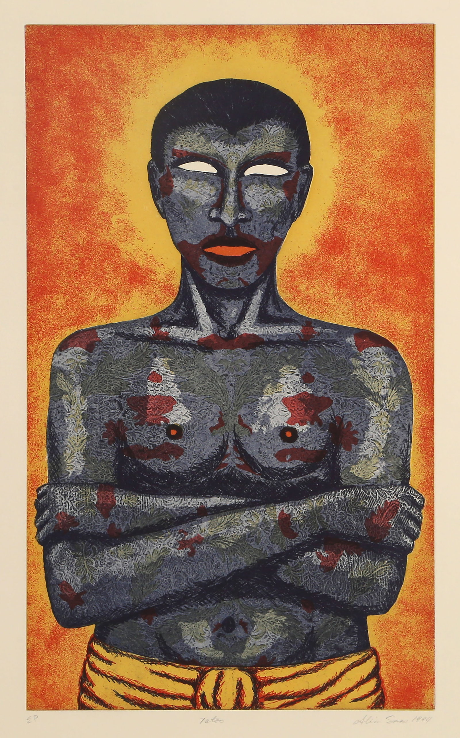 Alison Saar, Tatoo, Etching: Artist: Alison Saar (1956 - ) Title: Tatoo Year: 1994 Medium: Softground etching and aquatint on BFK Rives, signed, titled and numbered in pencil Edition: 20, EP Image Size: 22 x 13 inches Size: 30 x