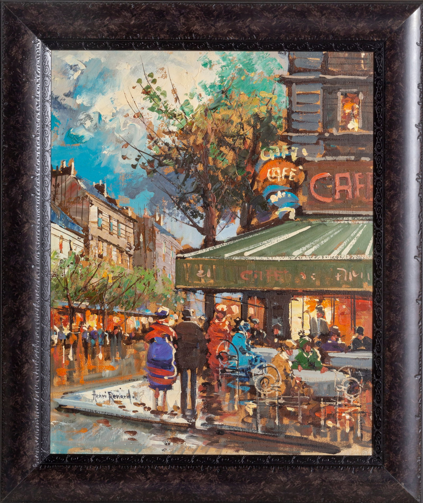 Henri Renard, Paris Cafe in Spring, Painting: Artist: Henri Renard, French (1920 - 19??) Title: Paris Cafe in Spring Year: circa 1960 Medium: Oil on canvas, signed lower left Size: 20 x 16 in. (50.8 x 40.64 cm) Frame Size: 25 x 21 inches Descript